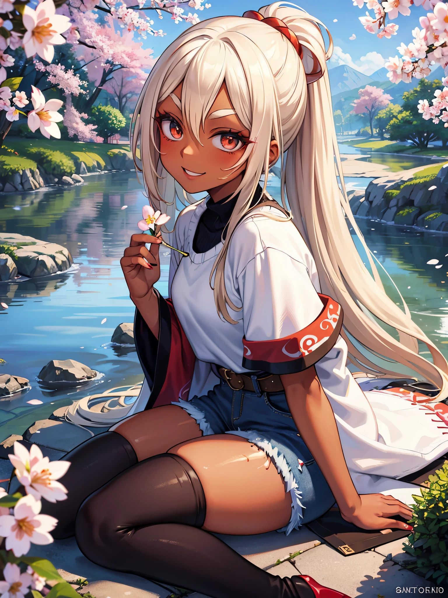 Beautiful girl, (blond topknot, forehead), (red eyeshadow and red lip), long eyelashes, parted lips, (beautiful slit eyes, sideways glance), (evil smile:1.3),
BREAK,
(ganguro, dark skin:1.5), sitting, From side, From above, 
BREAK,
(Fluffy sweater, denim shorts), knee high boots, hairpin, nail polish, (best proportions), 
BREAK,
(Japanese garden with flowers and cherry blossoms in full bloom, cherry blossoms, cherry blossom blizzard), professional lighting, best quality, masterpiece, ultra detailed, captures a super cute moment, depth of field, ultra high resolution, fine details, 16k wallpaper,dark skin,