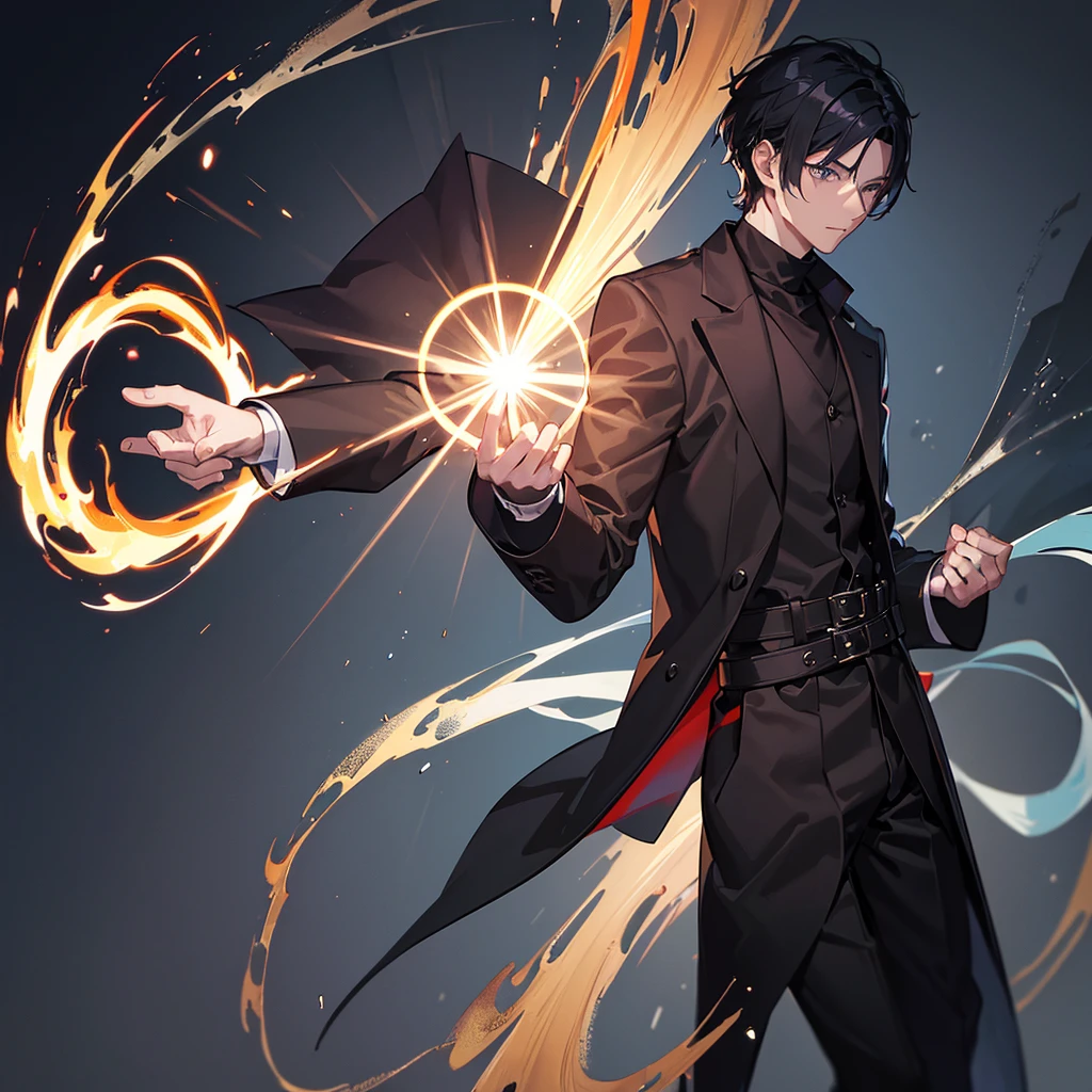 illustration of 1 young man, black turtle neck shirt,long coat, wanostyle, holding a ring of fire, surounding by an orb of blue fire, ((anime)), 8k, ((masterpiece)), HDR, highly detailed, professional,depth the field,wide angle,wide point of view, ultra realistic photograph,