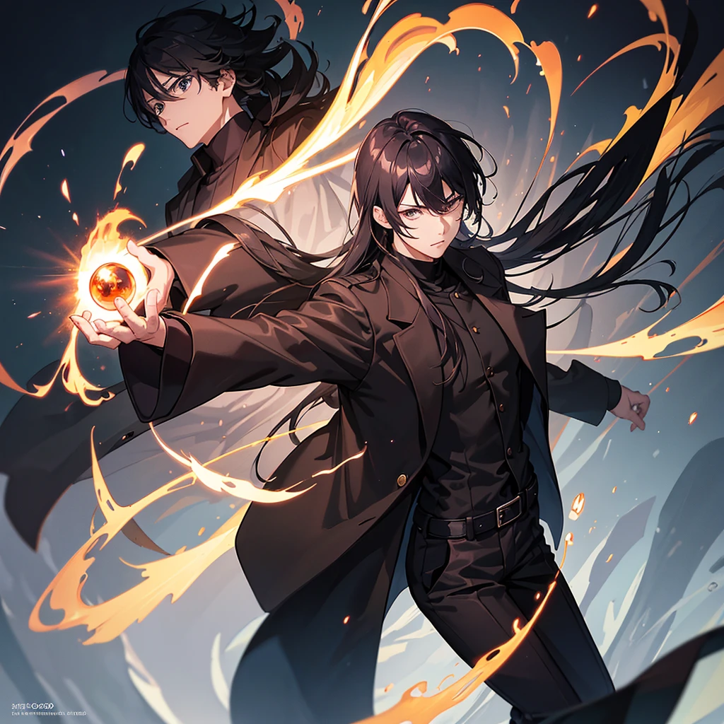 illustration of ung man, black turtle neck shirt,long coat, wanostyle, holding a ring of fire, surounding by an orb of blue fire, ((anime)), 8k, ((masterpiece)), HDR, highly detailed, professional,depth the field,wide angle,wide point of view, ultra realistic photograph,