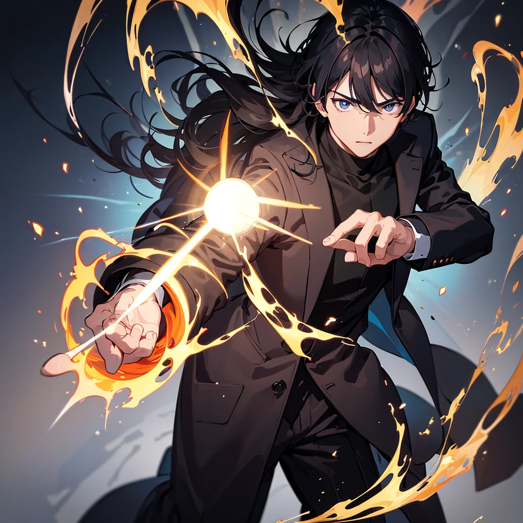 illustration of 1 young man, black turtle neck shirt,long coat, wanostyle, holding a ring of fire, surounding by an orb of blue fire, ((anime)), 8k, ((masterpiece)), HDR, highly detailed, professional,depth the field,wide angle,wide point of view, ultra realistic photograph,