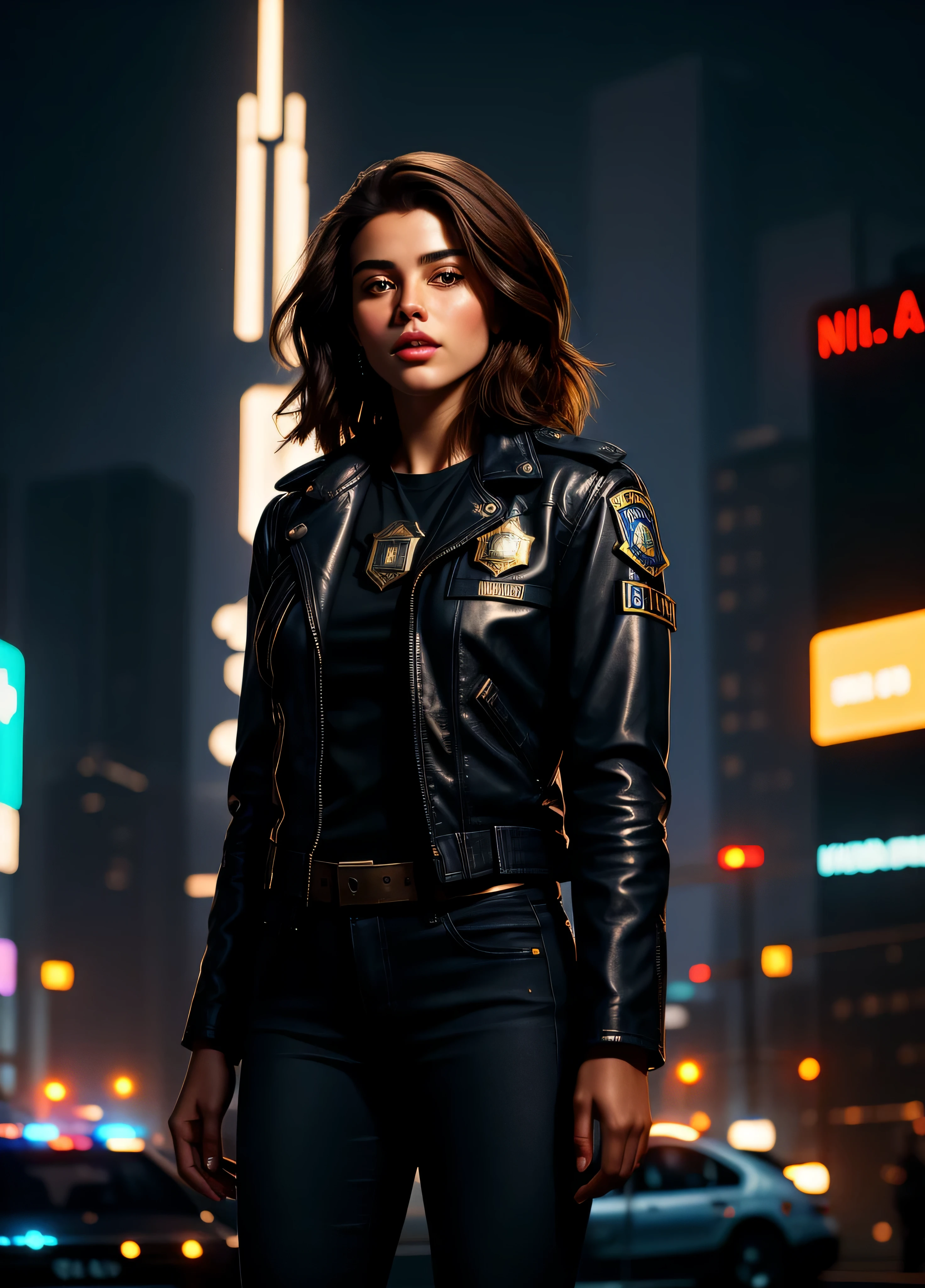 Portrait of anjo as a beautiful female model, georgia fowler, beautiful face, with short dark brown hair, in cyberpunk city at night. She is wearing a leather jacket, black jeans, dramatic lighting, (police badge:1.2)