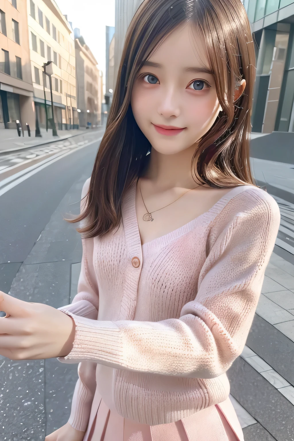 pieces fly、masterpiece、highest quality、Super detailed、High resolution、High resolution、8K portrait、unity 8k wallpaper、Detailed CG、unity 8k wallpaper、Detailed CGユニティ8kの壁紙、realistic、real person、portrait photography、shiny skin、(:1.2)、(cute:1.2)、High resolution、beautiful clear eyes、very detailed explanation、delicate face、nice lips、thin waist、thin legs、1 girl、(urban area:1.3)、(Colorful long-sleeved knitwear:1.3)、(skinny pants:1.3)、(big smile:1.3)、(stop temporarily:1.3)、(flat chest:1.8)、(No bra:1.6)