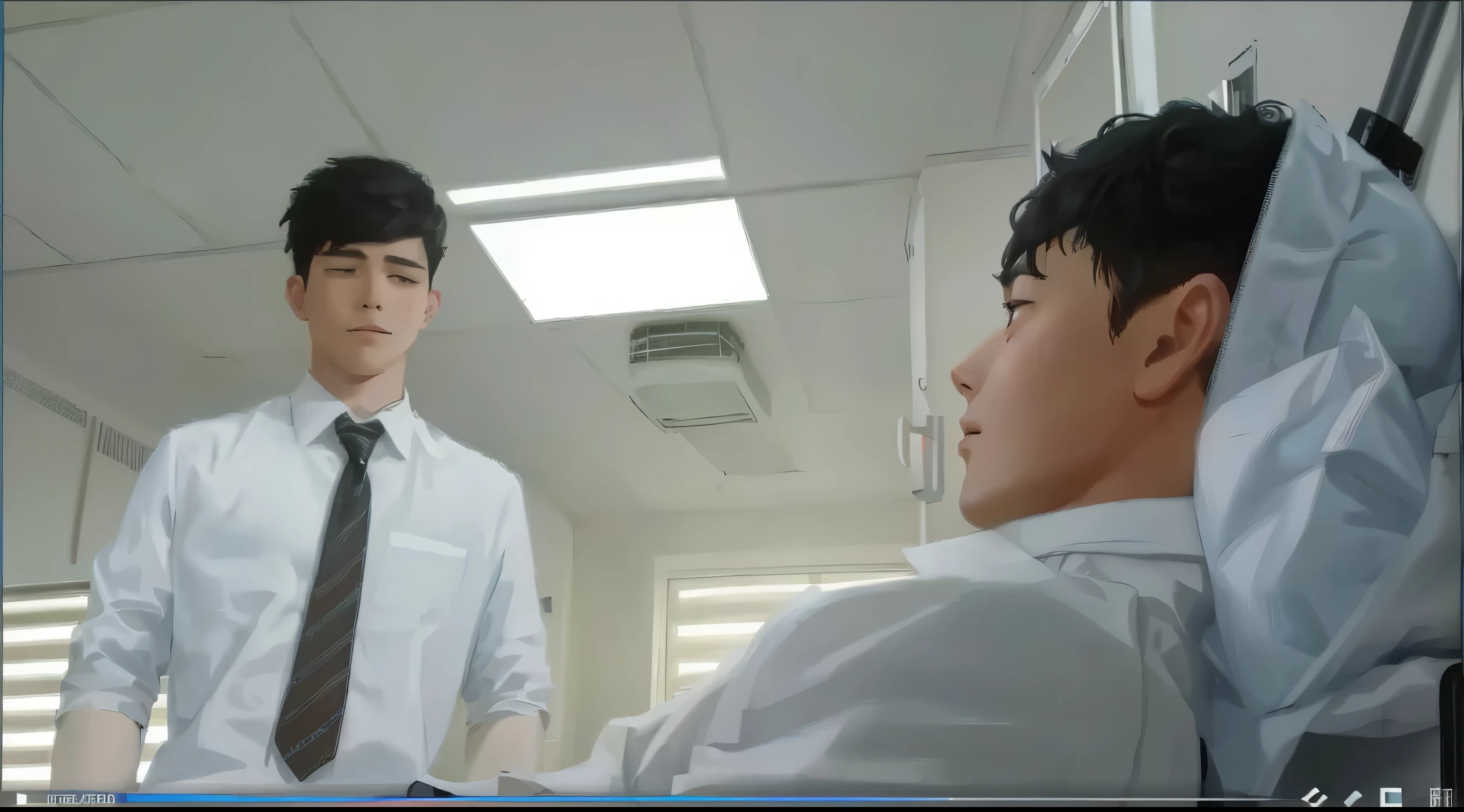 There are 2 cute boys, one is sick on a stretcher and the other looks at him with affection.