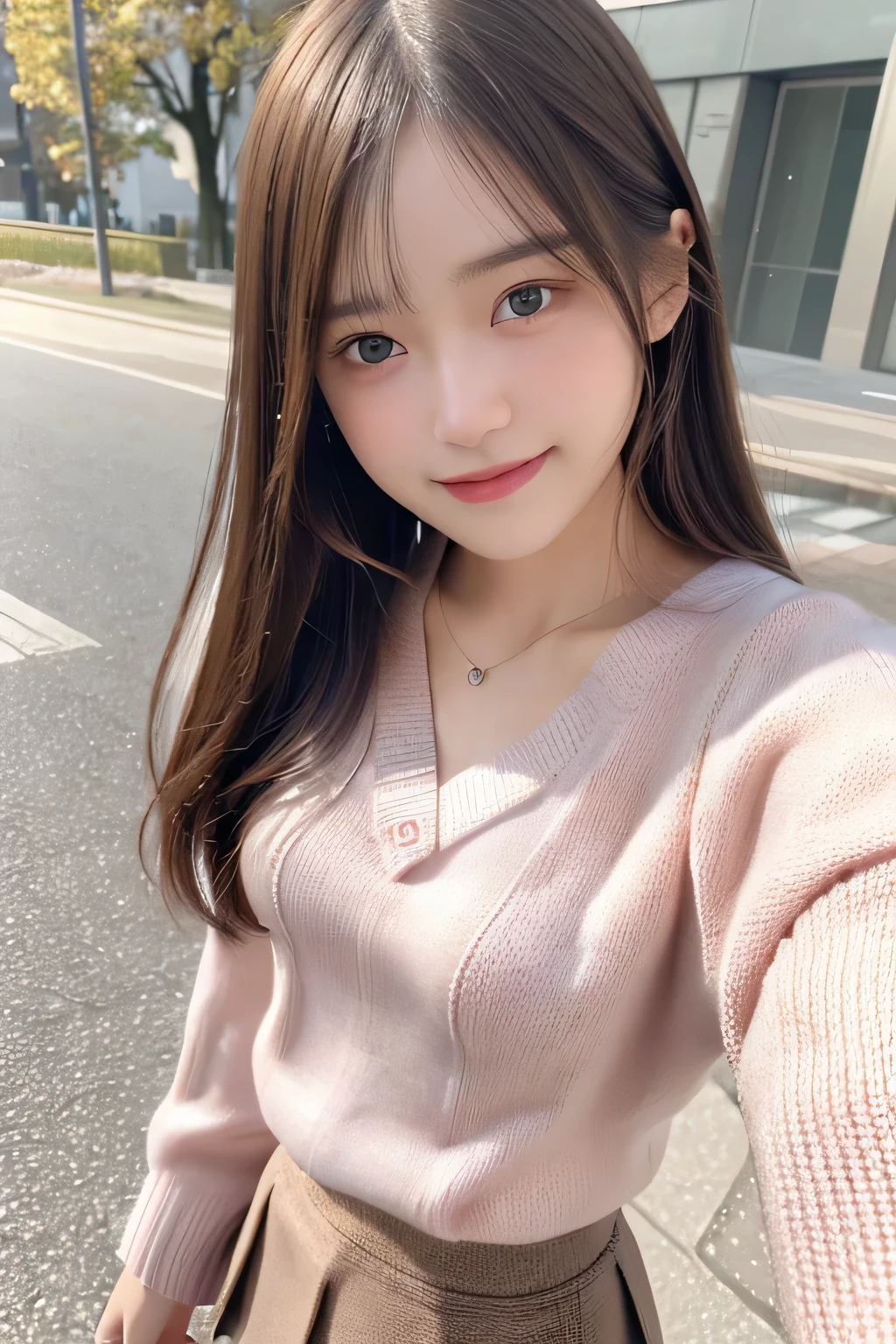 pieces fly、masterpiece、highest quality、Super detailed、High resolution、High resolution、8K portrait、unity 8k wallpaper、Detailed CG、unity 8k wallpaper、Detailed CGユニティ8kの壁紙、realistic、real person、portrait photography、shiny skin、(16 years old)、(cute:1.2)、High resolution、beautiful clear eyes、very detailed explanation、delicate face、nice lips、thin waist、thin legs、1 girl、(Pink knitted sweater:1.2)、(pleated skirt:1.2)、(flat chest:1.4)、((Self snap:1.4))、(smile:1.2)、(Walking trail:1.2)