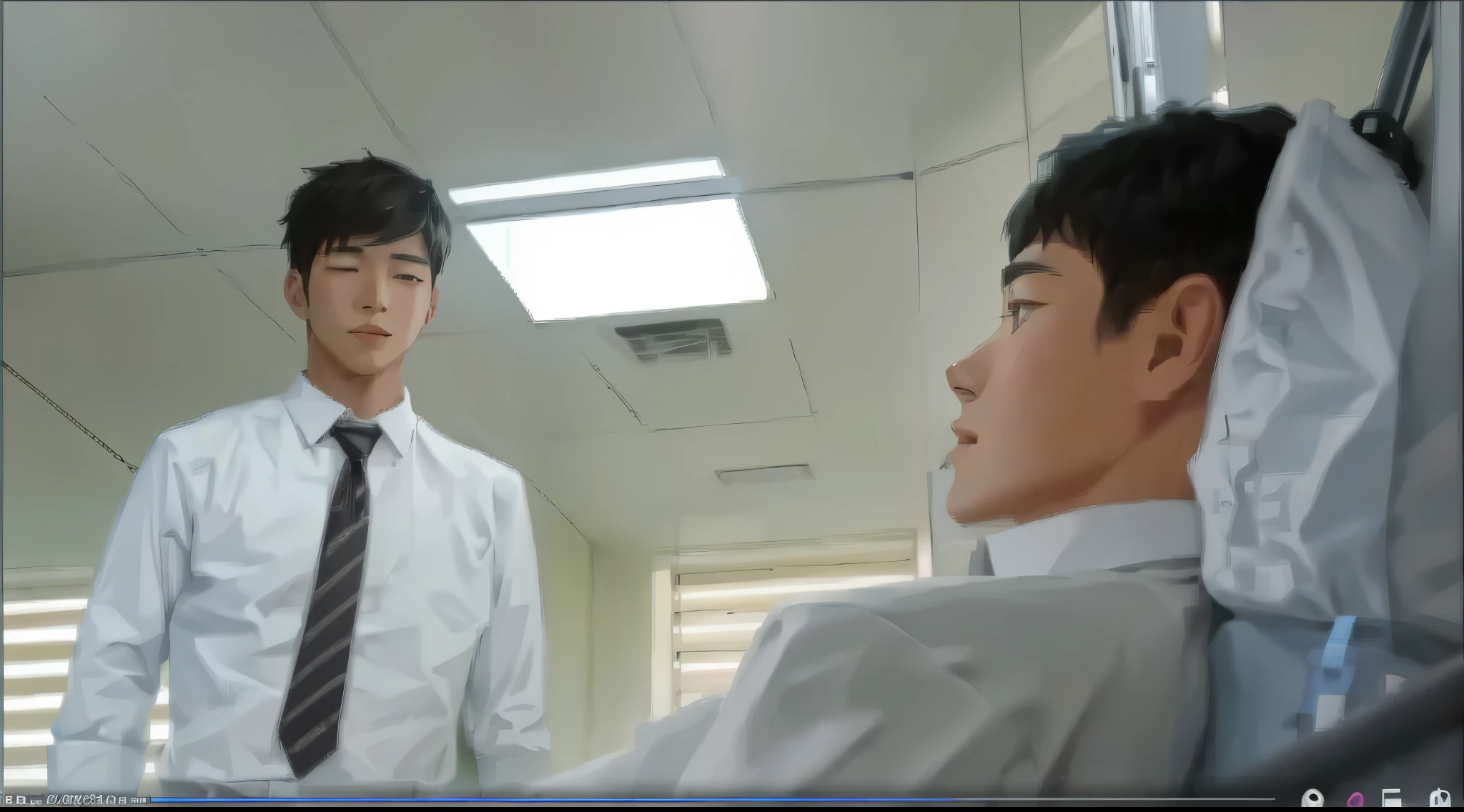 There are 2 cute boys, one is sick on a stretcher and the other looks at him with affection.
