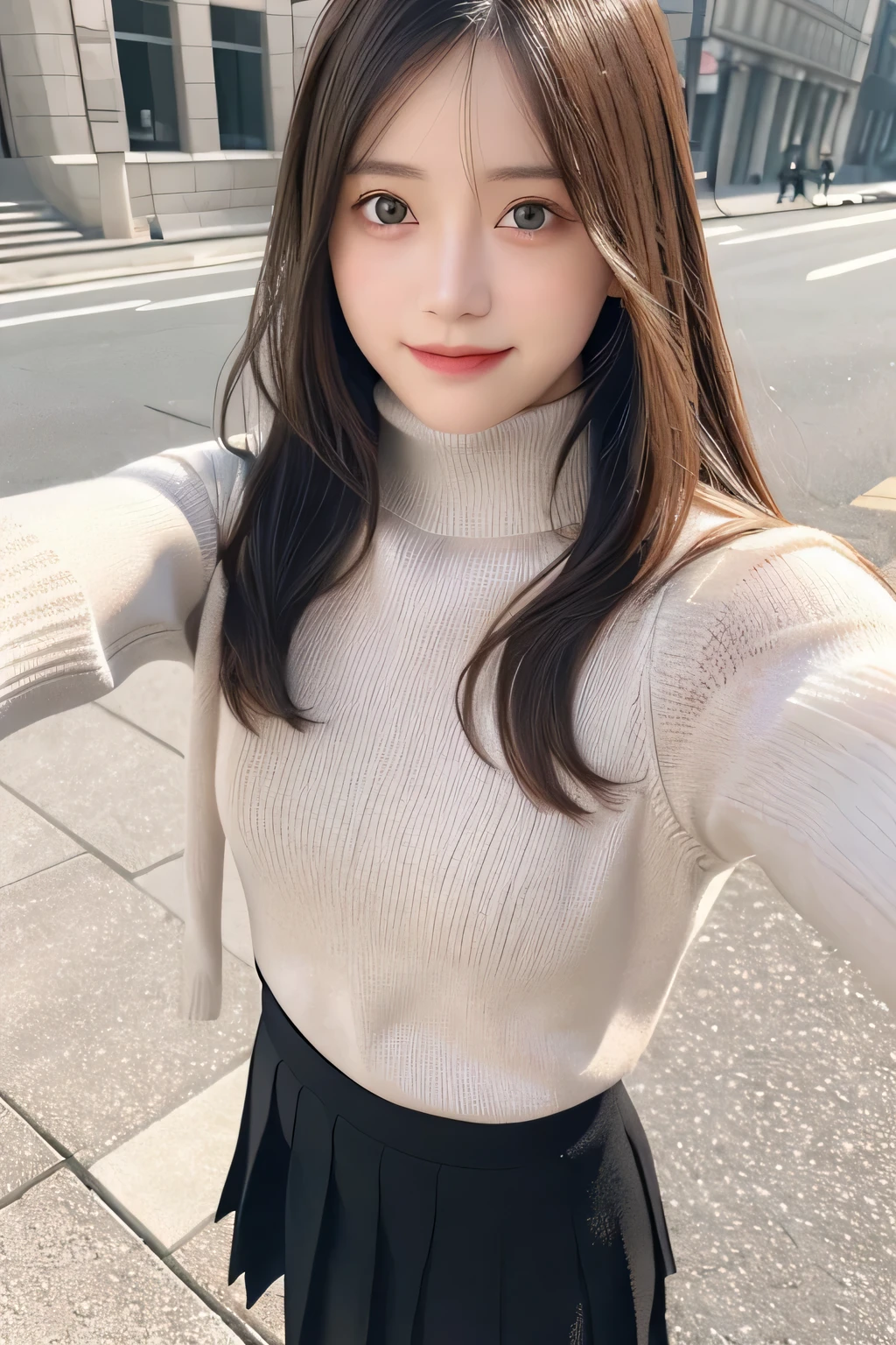 pieces fly、masterpiece、highest quality、Super detailed、High resolution、High resolution、8K portrait、unity 8k wallpaper、Detailed CG、unity 8k wallpaper、Detailed CGユニティ8kの壁紙、realistic、real person、portrait photography、shiny skin、()、(cute:1.2)、High resolution、beautiful clear eyes、very detailed explanation、delicate face、nice lips、thin waist、thin legs、1 girl、(Turtleneck Knitted Sweater:1.2)、(pleated skirt:1.2)、(flat chest:1.4)、((Self snap:1.4))、(smile:1.2)、(Walking trail:1.2)