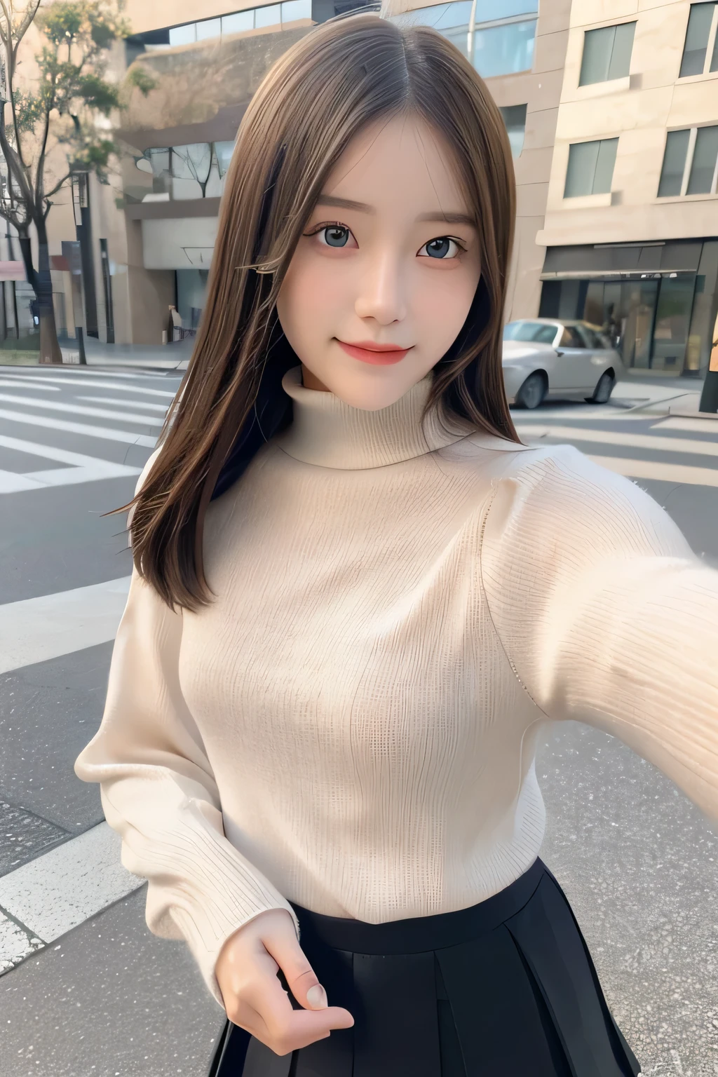 pieces fly、masterpiece、highest quality、Super detailed、High resolution、High resolution、8K portrait、unity 8k wallpaper、Detailed CG、unity 8k wallpaper、Detailed CGユニティ8kの壁紙、realistic、real person、portrait photography、shiny skin、(16 years old)、(cute:1.2)、High resolution、beautiful clear eyes、very detailed explanation、delicate face、nice lips、thin waist、thin legs、1 girl、(Turtleneck Knitted Sweater:1.2)、(pleated skirt:1.2)、(flat chest:1.4)、((Self snap:1.4))、(smile:1.2)、(Walking trail:1.2)