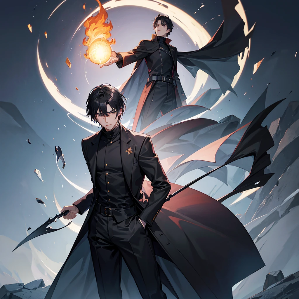 illustration of 1 young man, black turtle neck shirt,long coat, wanostyle, holding a fire spire,, surounding by an orb of fire, ((anime)), 8k, ((masterpiece)), HDR, highly detailed, professional,depth the field,wide angle,wide point of view, ultra realistic photograph,
