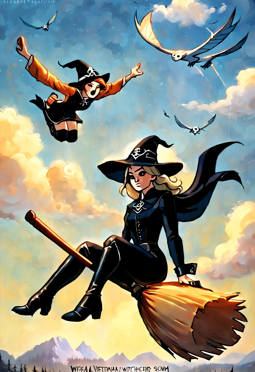 (sit on a broom:1.5) witches flying in the sky with their brooms and hats, wraiths riding in the sky, sky witch, flying on the broom, rob rey, by Alexander Kucharsky, fantasy illustrations, realistic fantasy illustration, wlop and rhads, flying in sky, high fantasy illustration, jen bartel, fantasy art behance, fantasy book illustration