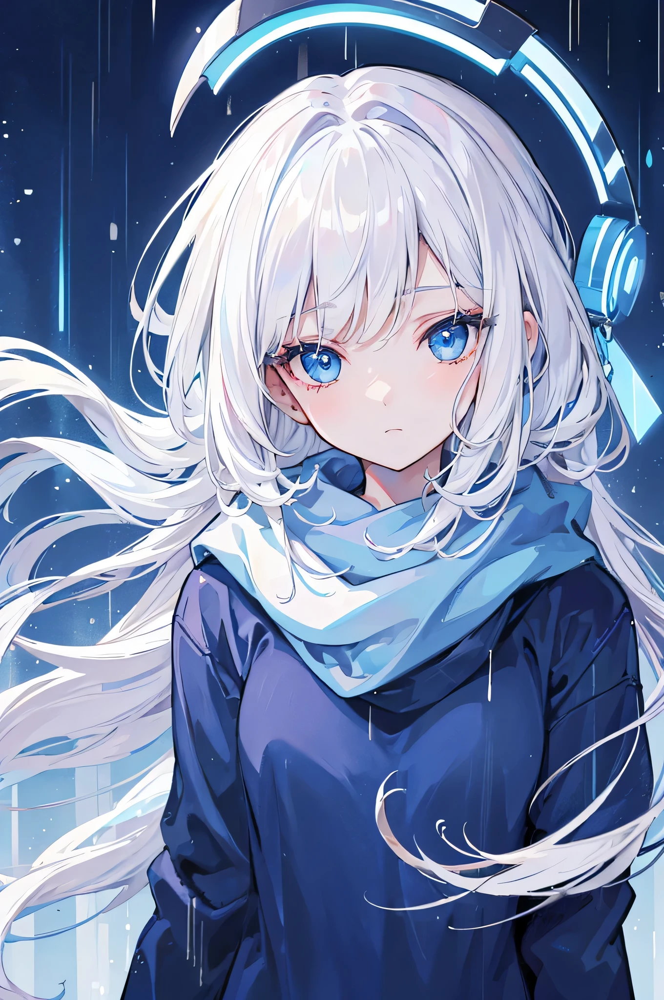 ((best quality)), ((masterpiece)), (detailed), perfect face, 1 girl, white hair, blue eyes, Blue scarf, rain, night city, Blue sweatshirt