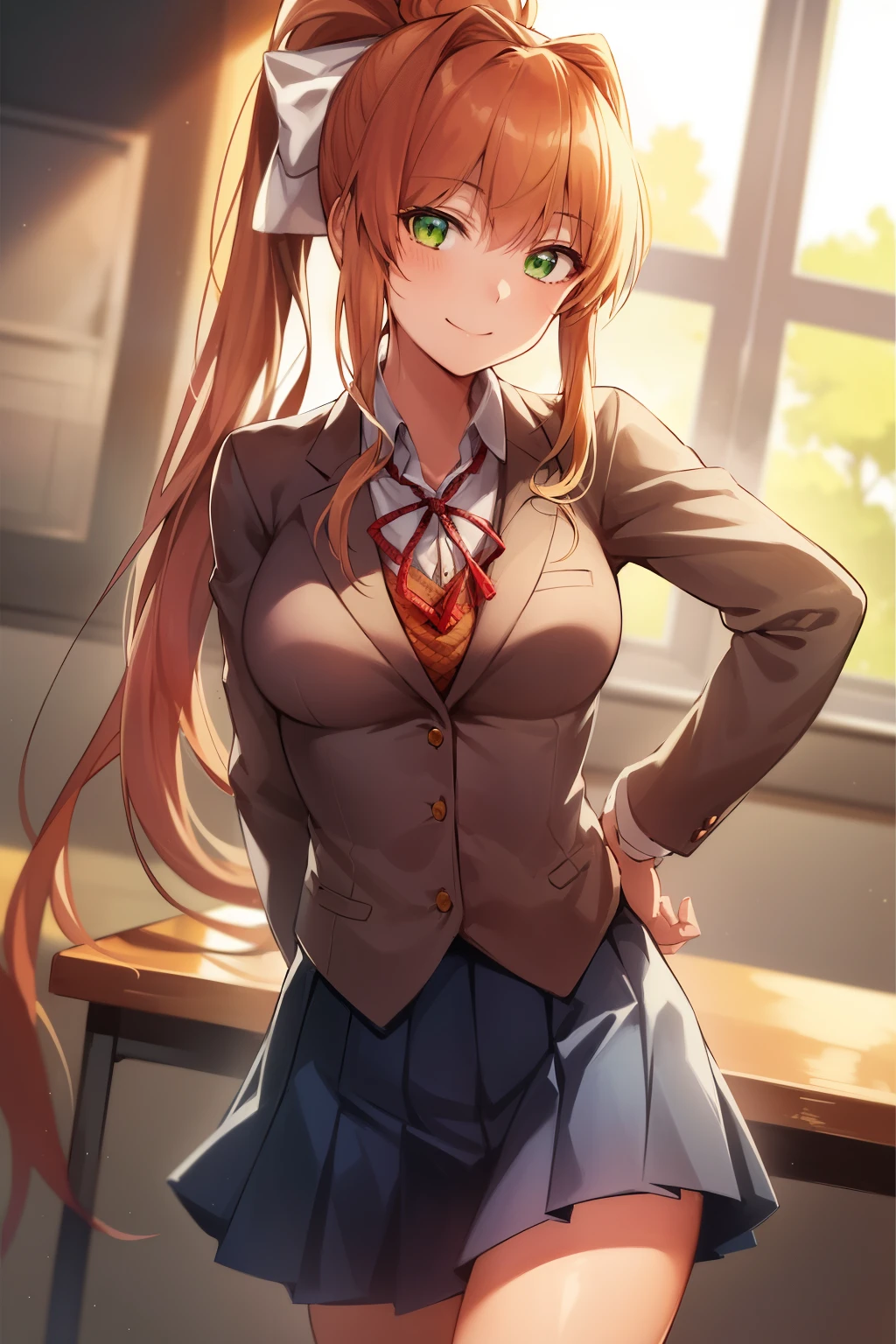 2d, masterpiece, best quality, anime, highly detailed, cowboy shot, 1girl, solo, monika, green eyes, very long hair, ponytail, school uniform, standing, leaning forward, arms behind back, smile, classroom 