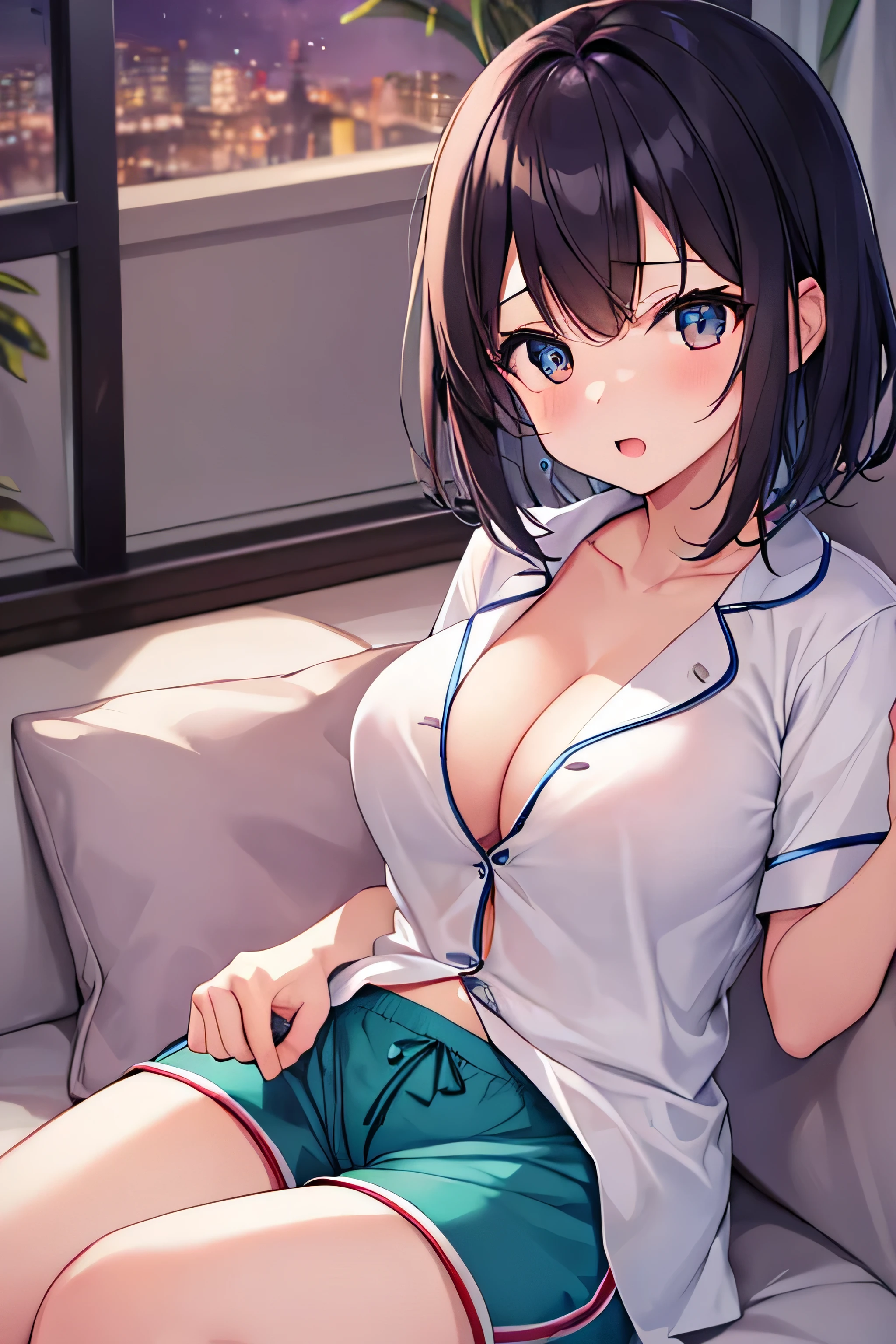masterpiece、Highest image quality、ultra high resolution、NSFW、big breasted elementary school girl、short hair、red face、shyly、mock、Please open your mouth just a little、Pajamas that show cleavage for elementary school girls、Lounge shorts for elementary school girls、sitting on the sofa、inside the living room at night、at night