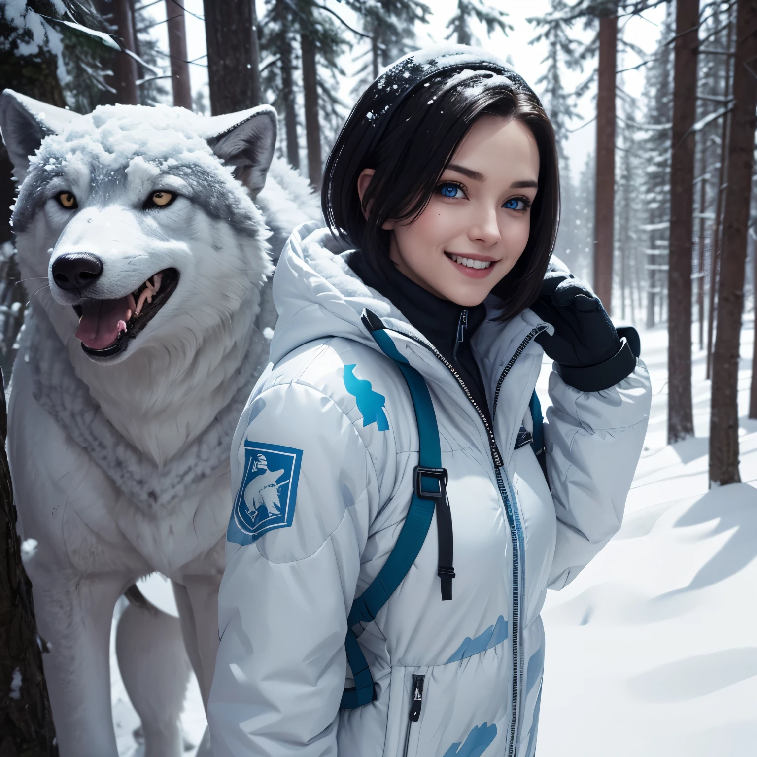 Jill Valentine, blue eyes, short straight hair, cute, white camouflage snow suit, confident grin, snowy forest background, dire wolf in background, well lit, hands not visible,
