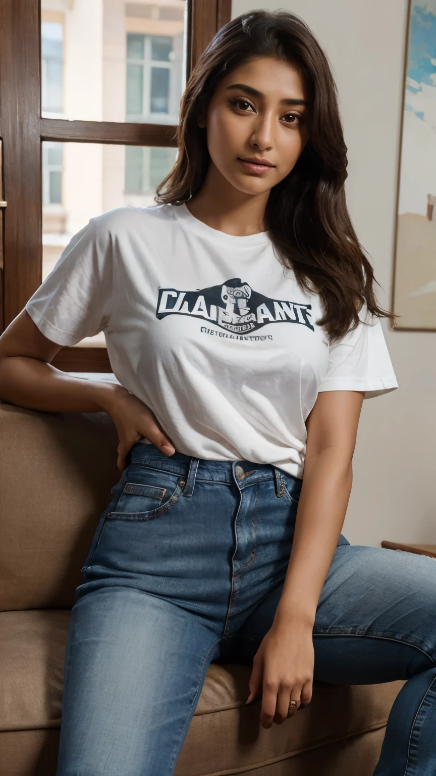 masterpiece, bestquality, photorealistic portrait, ultra-detail, detaild, high-res, 8k Wallpaper, 1 Beautiful Woman, face of actress pooja hegde, Wear a T-shirt and jeans., In the drawing room, dark brown tinted hair, Perfect dynamic composition, beautiful detail eyes, eyes on camera