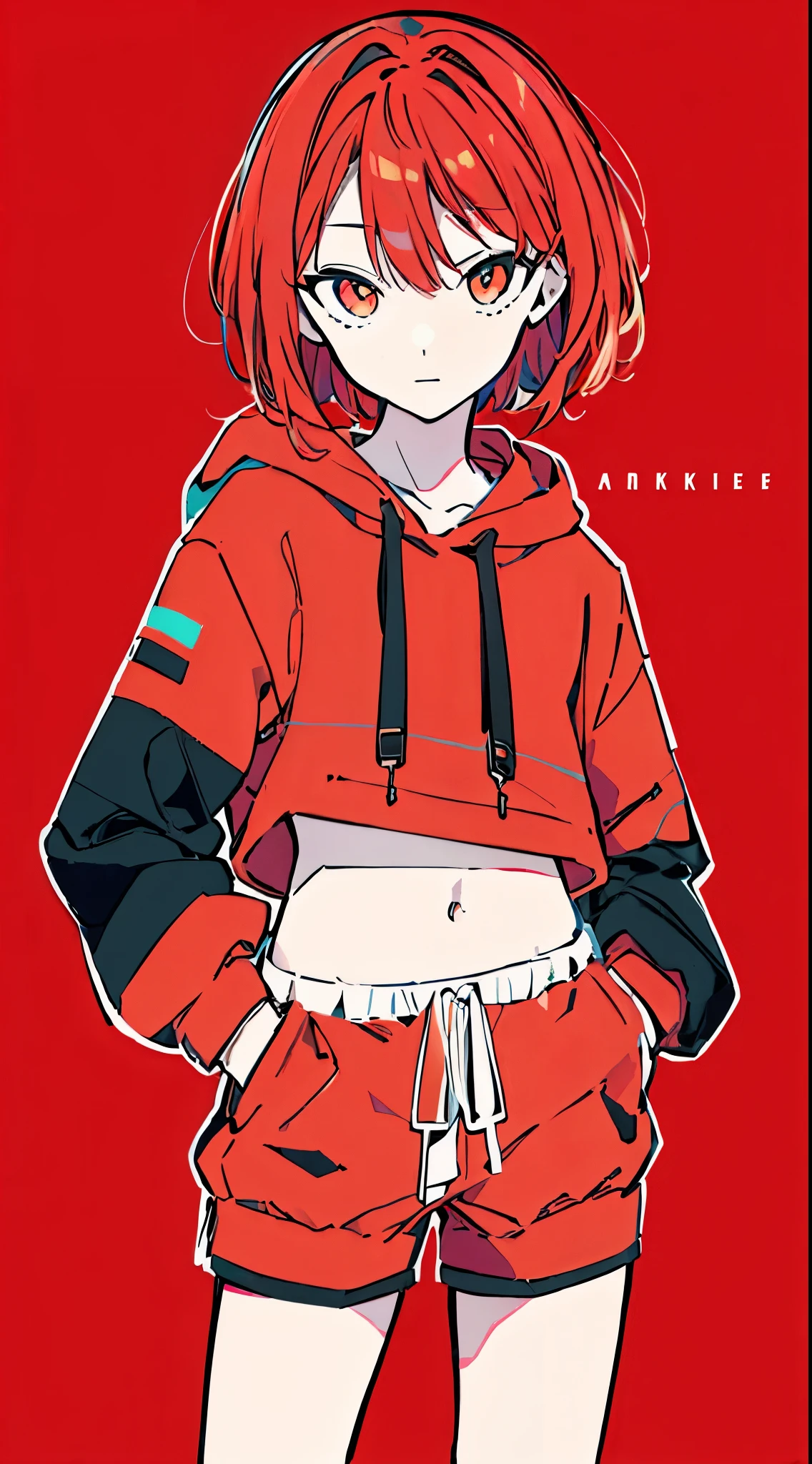 (masterpiece, highest quality:1.6), alone, thick outline, (simple background, Dark red background, monochrome, dark red theme:1.2), official art, Key Visual, 8K, confused, whole body, (Unique hair, oversized hoodie, hot pants, arch back, short torso:1.2), belly button, thighs, cowboy shot, HDR, sharp focus, High resolution, most detailed, very detailed, Super detailed, finely, detailed eyes and face, sharp pupils, realistic student, alone, contrast between red and white, alone, hands in pockets