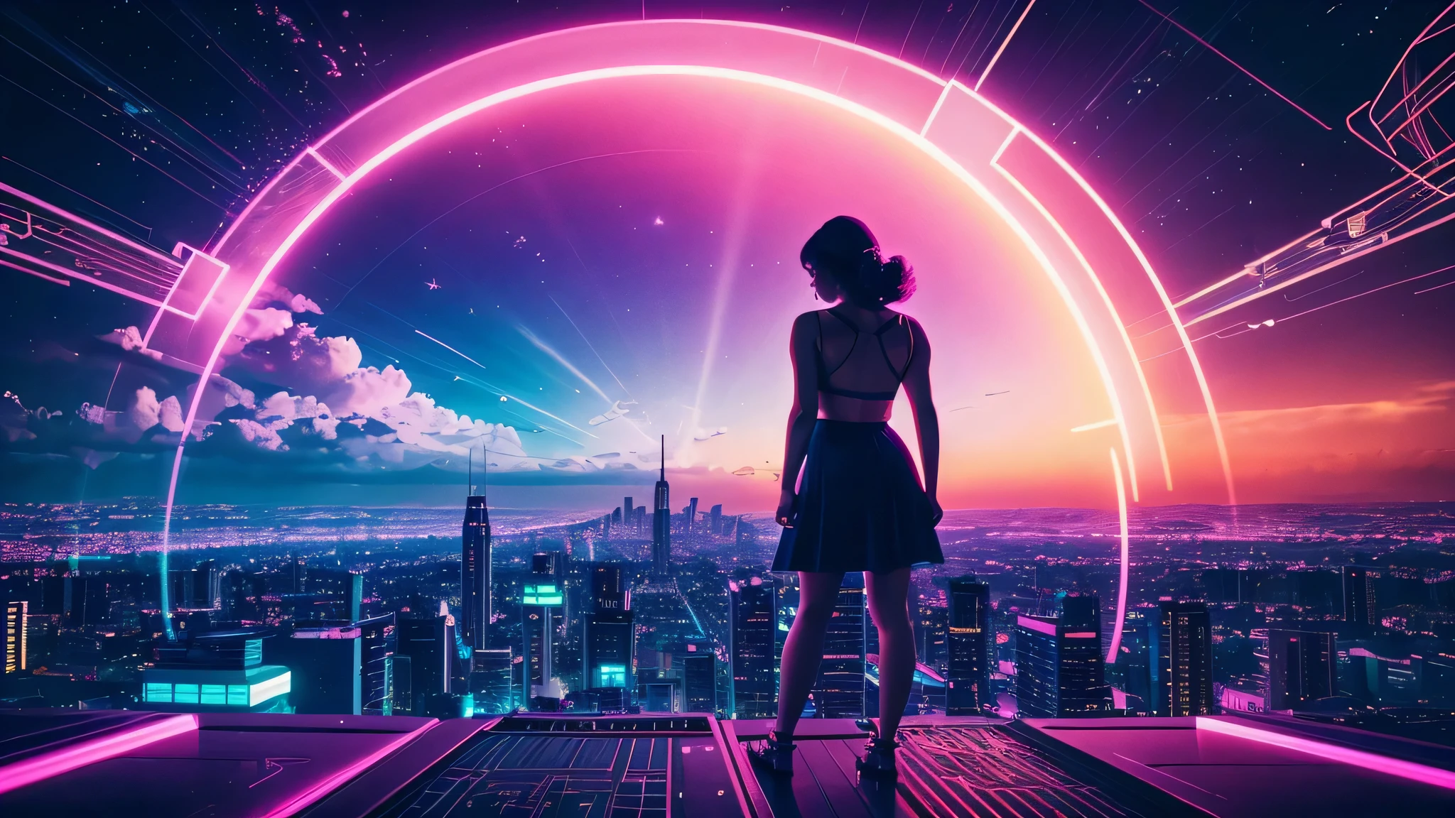 "best quality,4k,8k,highres,masterpiece:1.2,ultra-detailed,realistic:1.37,vivid colors,bokeh,HDR,UHD,studio lighting,ultra-fine painting,sharp focus,physically-based rendering,extreme detail description,professional" Vaporwave Aesthetic style, silhouette of beautiful curvy large chested woman, lines and lines, silhouette of several musical notes suspended in the air, vintage, magic, portraits, landscape, photography, concept artists, neon lights, pastel colors, dreamlike atmosphere, retro-futuristic vibes, digital glitch art, holographic effects, floating clouds, reflecting surfaces, chrome elements, 80s arcade game graphics, palm trees, pink and purple color scheme, city skyline, glowing sunsets, geometric shapes, pixel art, surrealistic elements, cyberpunk influences, nostalgic vibes, cassette tapes, psychedelic visuals, surreal landscapes, glitched-out visuals, vibrant and saturated colors, surreal sunsets, dreamy clouds, sunrays filtering through clouds, sparkling stars, disco ball, groovy beats, nostalgic atmosphere, nostalgic music, ethereal and magical ambiance, retro synthesizers, glowing city lights, dynamic motion, intricate details, expression of escapism.