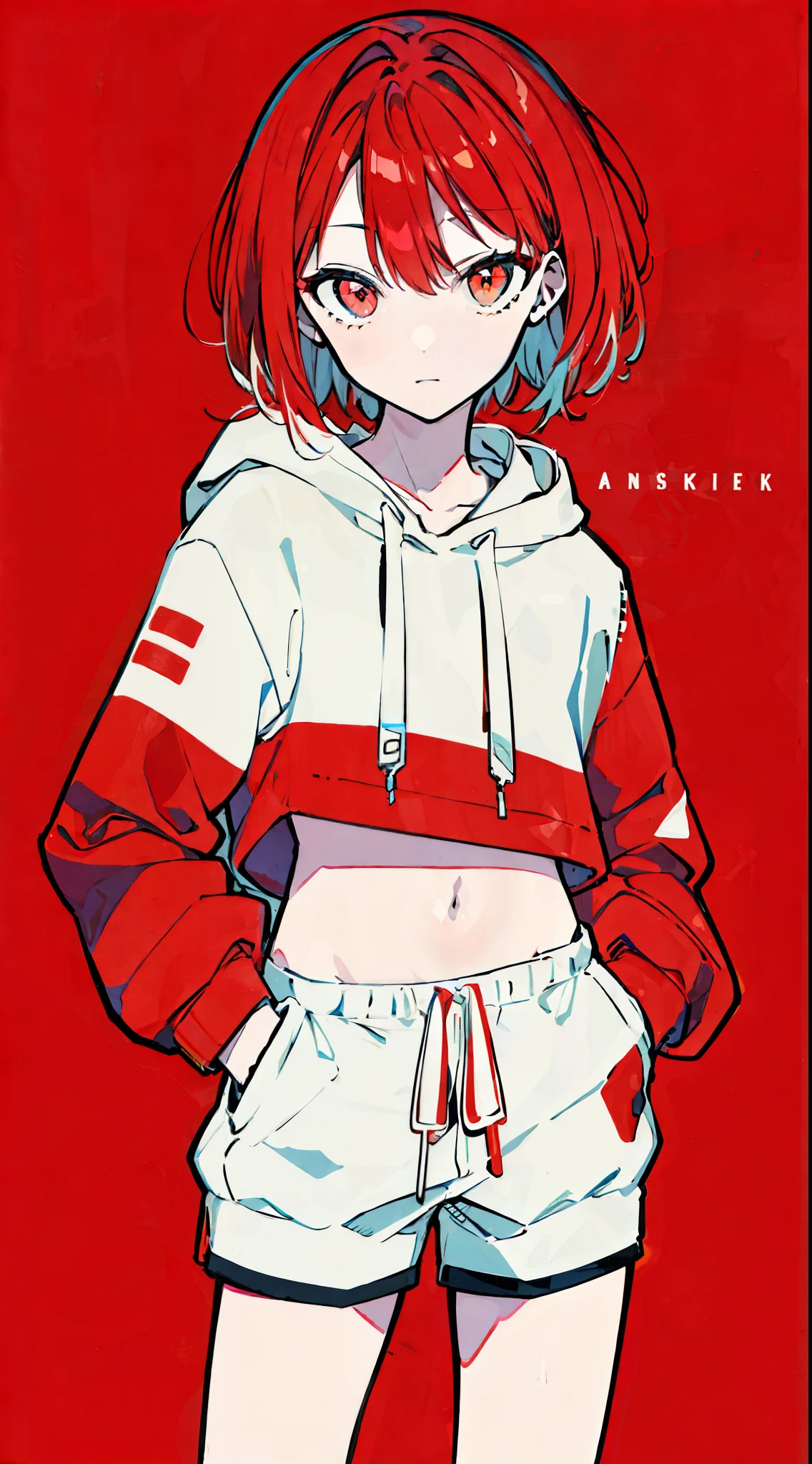 (masterpiece, highest quality:1.6), alone, thick outline, (simple background, Dark red background, monochrome, dark red theme:1.2), official art, Key Visual, 8K, confused, whole body, (Unique hair, oversized hoodie, hot pants, arch back, short torso:1.2), belly button, thighs, cowboy shot, HDR, sharp focus, High resolution, most detailed, very detailed, Super detailed, finely, detailed eyes and face, sharp pupils, realistic student, alone, contrast between red and white, alone, hands in pockets