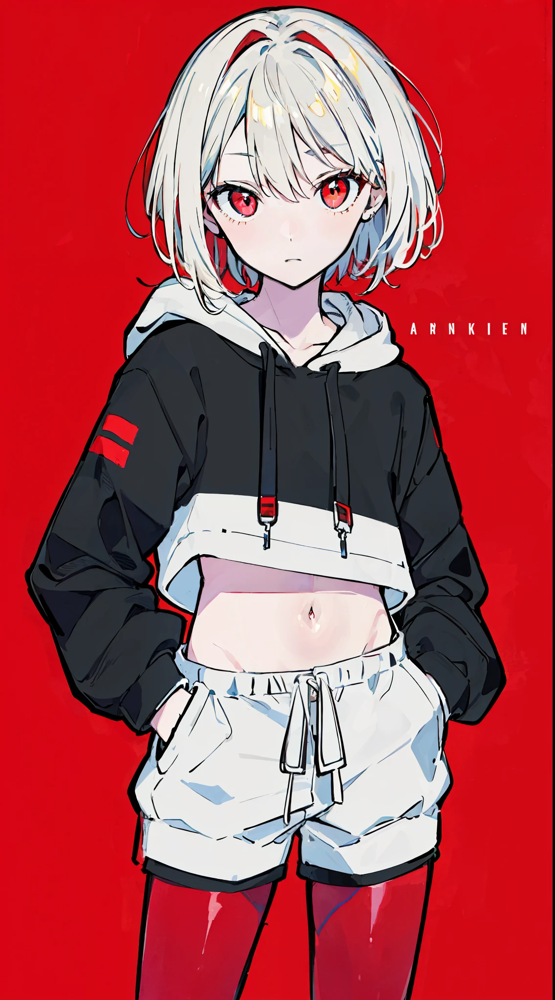 (masterpiece, highest quality:1.6), alone, thick outline, (simple background, Dark red background, monochrome, dark red theme:1.2), official art, Key Visual, 8K, confused, whole body, (Unique hair, oversized hoodie, hot pants, arch back, short torso:1.2), belly button, thighs, cowboy shot, HDR, sharp focus, High resolution, most detailed, very detailed, Super detailed, finely, detailed eyes and face, sharp pupils, realistic student, alone, contrast between red and white, alone, hands in pockets