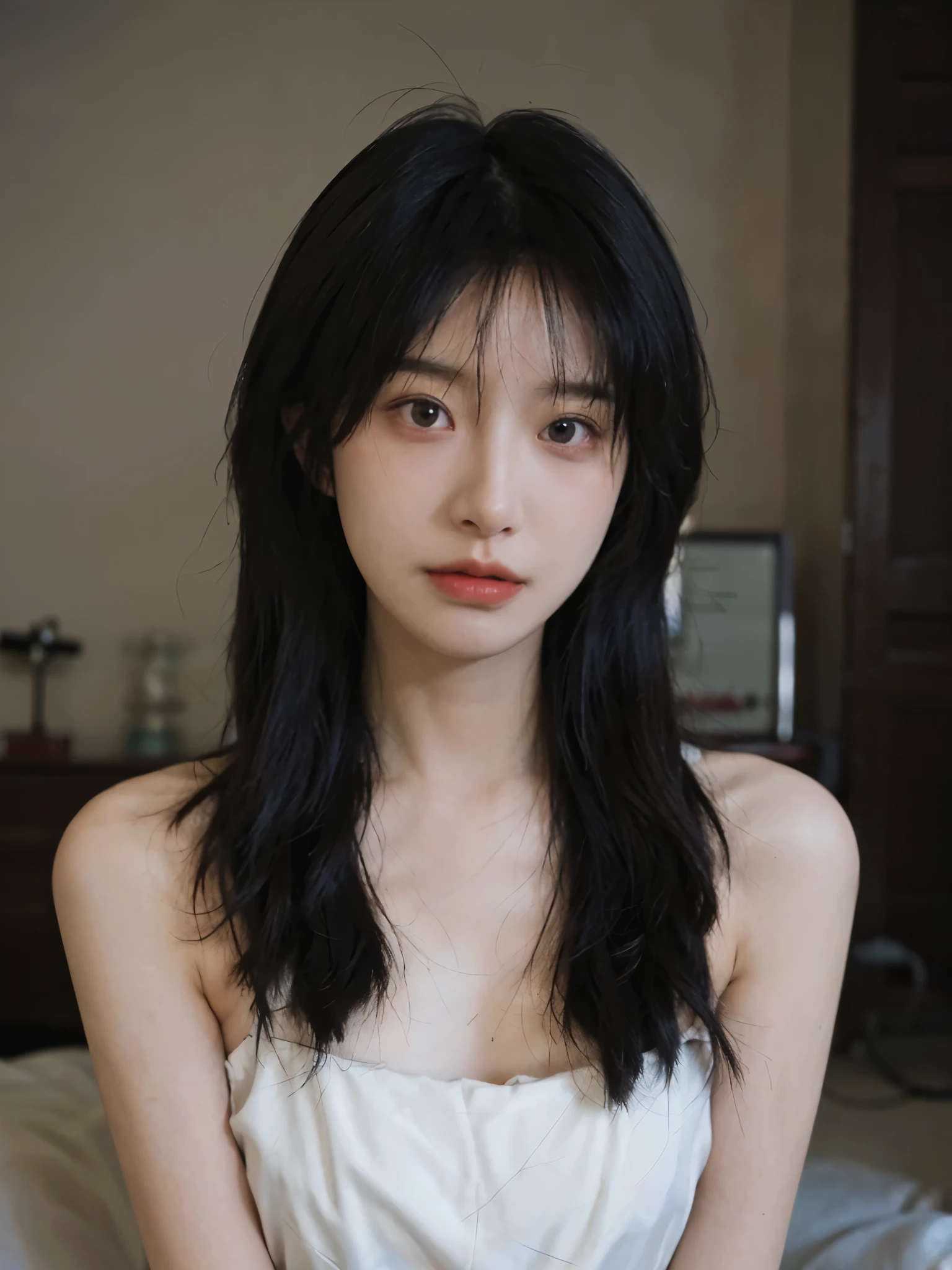 Film portrait photography, 1 girl, bare shoulders,(flat chest:1.4), Shoulder length wavy hair, white wedding dress, (Realistic and detailed eyes, natural skin texture, Realistic facial details), Soft dramatic lighting, depth of field, Bokeh, Vibrant details, Detailed and detailed, surreal, 35mm film, hazy, ,