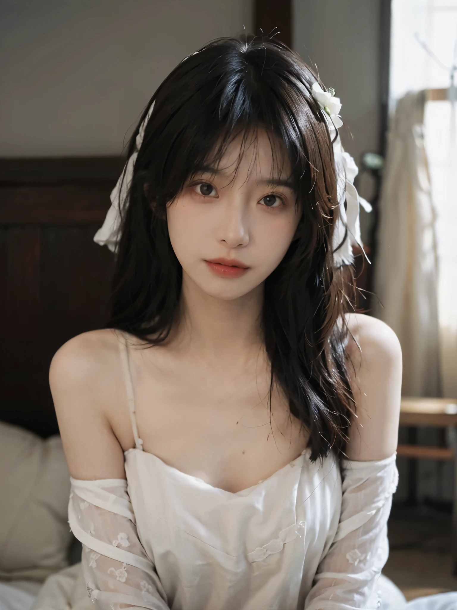 Film portrait photography, 1 girl, bare shoulders,(flat chest:1.4), Shoulder length wavy hair, white wedding dress, (Realistic and detailed eyes, natural skin texture, Realistic facial details), Soft dramatic lighting, depth of field, Bokeh, Vibrant details, Detailed and detailed, surreal, 35mm film, hazy, ,