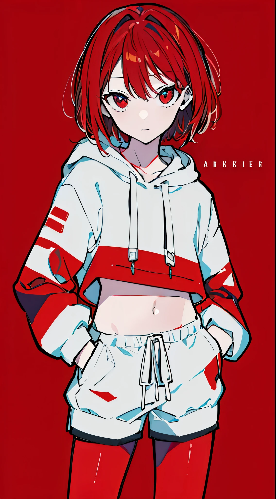 (masterpiece, highest quality:1.6), alone, thick outline, (simple background, Dark red background, monochrome, dark red theme:1.2), official art, Key Visual, 8K, confused, whole body, (Unique hair, oversized hoodie, hot pants, arch back, short torso:1.2), belly button, thighs, cowboy shot, HDR, sharp focus, High resolution, most detailed, very detailed, Super detailed, finely, detailed eyes and face, sharp pupils, realistic student, alone, contrast between red and white, alone, hands in pockets