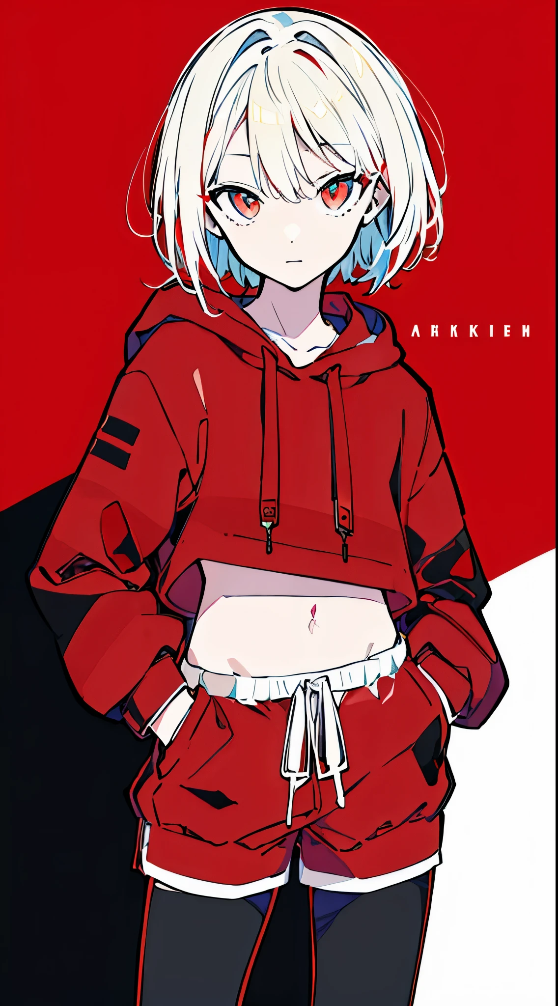 (masterpiece, highest quality:1.6), alone, thick outline, (simple background, Dark red background, monochrome, dark red theme:1.2), official art, Key Visual, 8K, confused, whole body, (Unique hair, oversized hoodie, hot pants, arch back, short torso:1.2), belly button, thighs, cowboy shot, HDR, sharp focus, High resolution, most detailed, very detailed, Super detailed, finely, detailed eyes and face, sharp pupils, realistic student, alone, contrast between red and white, alone, hands in pockets