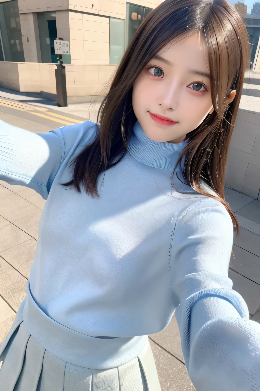 pieces fly、masterpiece、highest quality、Super detailed、High resolution、High resolution、8K portrait、unity 8k wallpaper、Detailed CG、unity 8k wallpaper、Detailed CGユニティ8kの壁紙、realistic、real person、portrait photography、shiny skin、()、(cute:1.2)、High resolution、beautiful clear eyes、very detailed explanation、delicate face、nice lips、thin waist、thin legs、1 girl、(light blue turtleneck knit sweater:1.2)、(pleated skirt:1.2)、(flat chest:1.4)、((Self snap:1.4))、(smile:1.2)、(Walking trail:1.2)