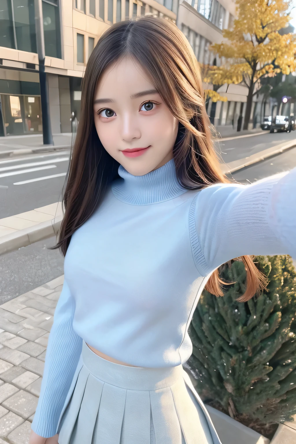 pieces fly、masterpiece、highest quality、Super detailed、High resolution、High resolution、8K portrait、unity 8k wallpaper、Detailed CG、unity 8k wallpaper、Detailed CGユニティ8kの壁紙、realistic、real person、portrait photography、shiny skin、()、(cute:1.2)、High resolution、beautiful clear eyes、very detailed explanation、delicate face、nice lips、thin waist、thin legs、1 girl、(light blue turtleneck knit sweater:1.2)、(pleated skirt:1.2)、(flat chest:1.4)、((Self snap:1.4))、(smile:1.2)、(Walking trail:1.2)