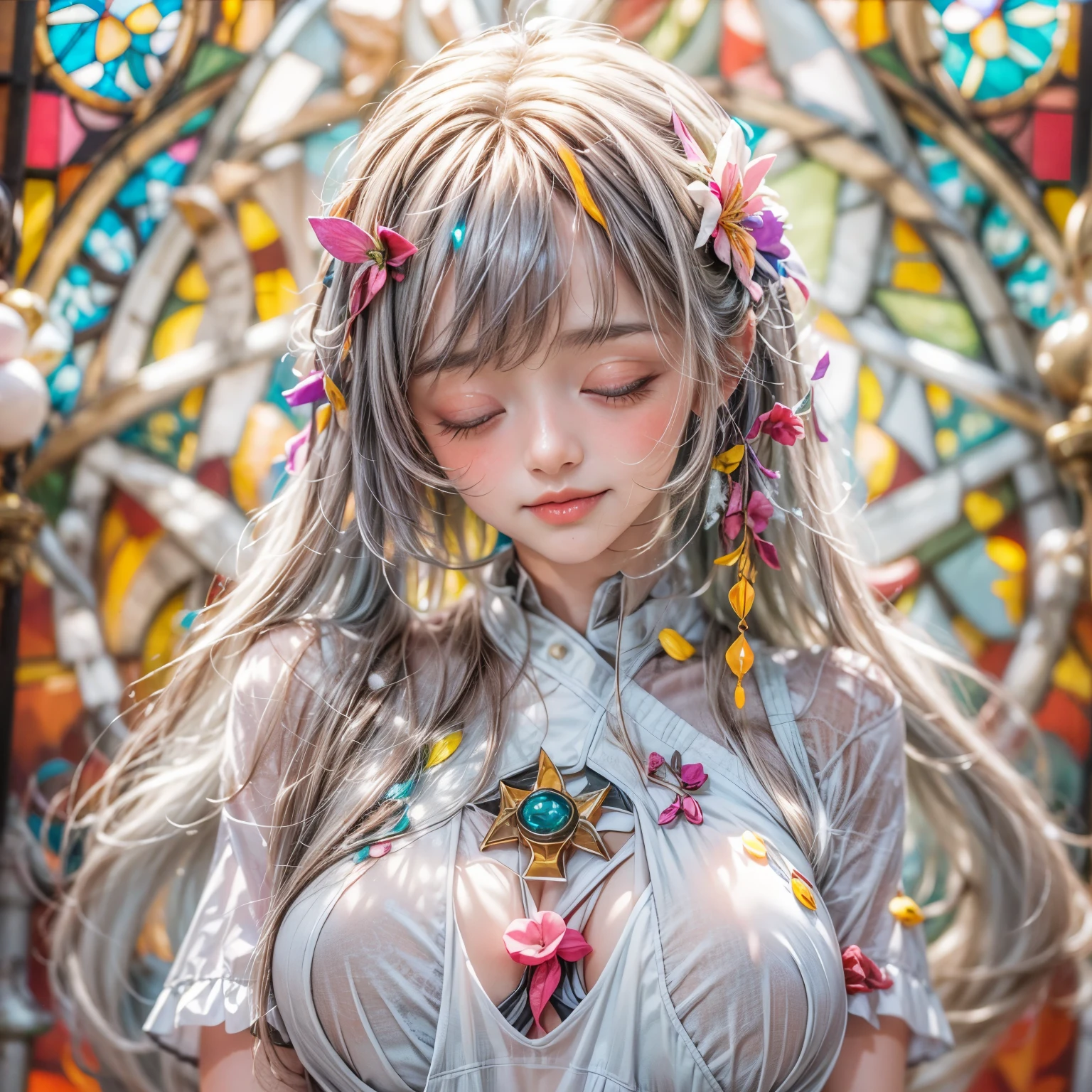 KAWAII girl in ((WHITE)) (loose opened uniform), with Glossy RED lips, (Exposed:0.9), (nipple:-1), { Extremely closeup | Dynamic-angle }, ((Dazzling stained glass Background)), (( colorful Light pours down from stunning elaborate stained glass:1.2)), vivid Red colors . ((Acutance:0.8, physically-based 3D rendering with Volumetric lighting)), (masterpiece:1.2), (ultra-detailed:1.35), (realistic, photorealistic, ((photo-realistic:1.37))with touch of rawness) . ((Renbutsu Misako)), (Extremely detailed KAWAII face variations, with Dynamic expressions),  (detailed eyes with sparkling highlights), captivating gaze, long eyelashes, subtle blush on the face, rosy cheeks, impeccable ivory skin texture . { full of flowers covering girl's body | Mystic sight | God rays | haze | Light Particle | Luminous Particle | Lens Flare | A Halo in the air | Overflowing underboob | Button Undoned } . (((Unaligned fingers:-0.9))) .