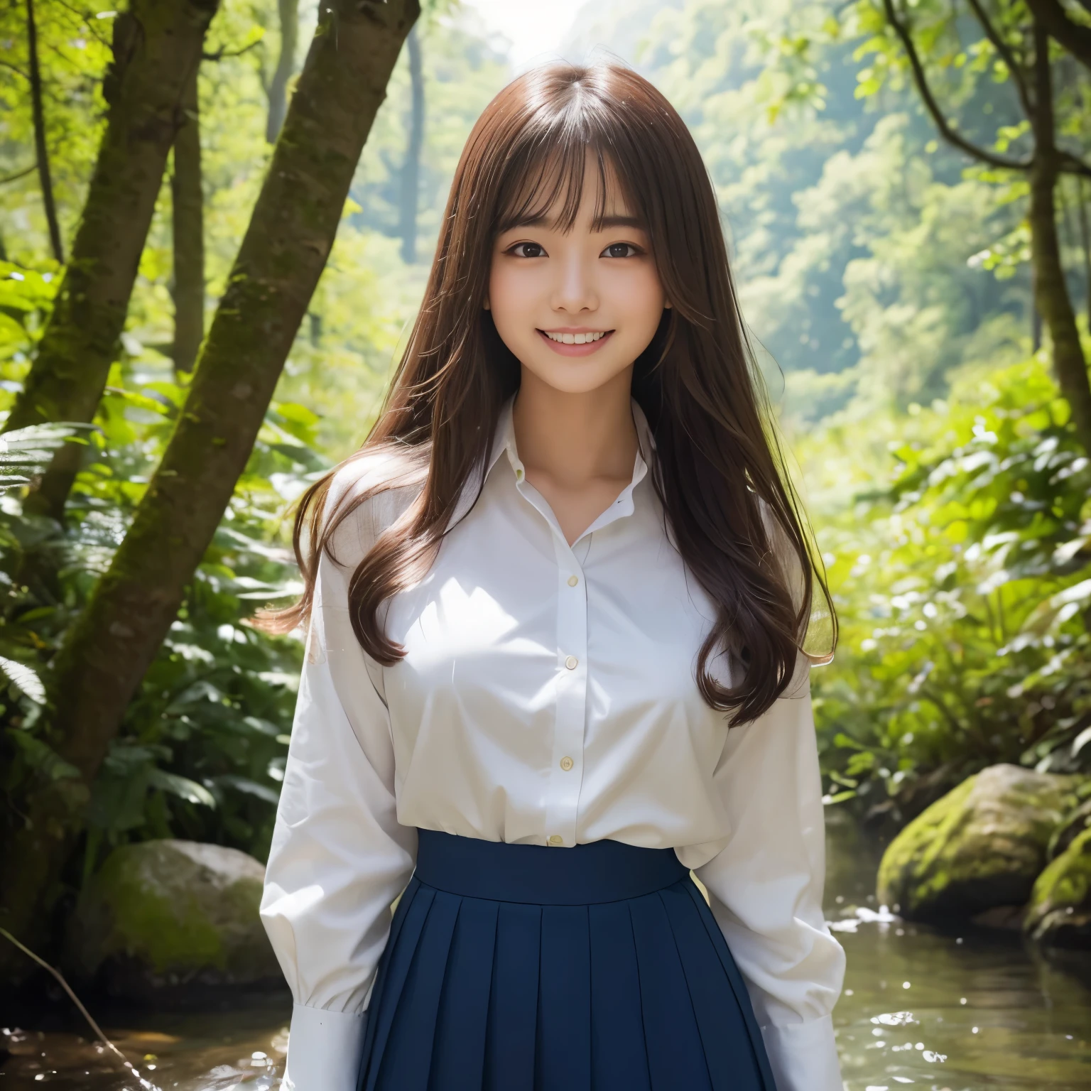 (masterpiece、highest quality、ultra high resolution、8K)、1 very cute 16 year old girl、(Perfect composition where the girl fits neatly into the frame:1.1)、perfect anatomy、wavy hair、(Big breasts that are about to burst:1.25)、(emphasize the bust line:1.1)、(high school uniform white shirt:1.1)、(High school uniform navy pleated skirt:1.1)、(Uniform ribbon that fits perfectly on the chest:1.1)、(Beautiful and glowing skin:1.1)、Brown glittery hair、valley in the forest、A beautiful river in a mysterious green forest、(The most transparent and beautiful river water:1.1)、waterfall in the background、Surrounded by the most magnificent nature、Mysteries of Nature、the most detailed and beautiful river、feelings of love、(Beautiful skin that shines in the light:1.1)、(Super high quality beautiful skin:1.1)、beautiful teeth、the happiest smile you'll ever see on me、very bright and refreshing、cool summer atmosphere、Refreshing summer、Are standing、In the glittering forest、(Moody and romantic portrait photography:1.2)、blurred background、bright summer colors