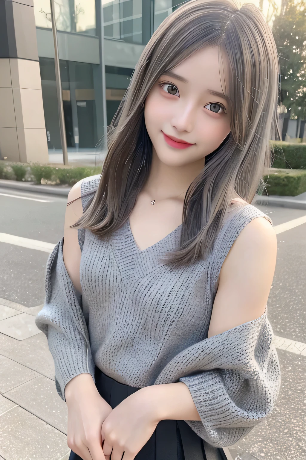 pieces fly、masterpiece、highest quality、Super detailed、High resolution、High resolution、8K portrait、unity 8k wallpaper、Detailed CG、unity 8k wallpaper、Detailed CGユニティ8kの壁紙、realistic、real person、portrait photography、shiny skin、(16 years old)、(cute:1.2)、High resolution、beautiful clear eyes、very detailed explanation、delicate face、nice lips、thin waist、thin legs、1 girl、(Gray knitted sweater:1.2)、(pleated skirt:1.2)、(flat chest:1.4)、((Self snap:1.4))、(smile:1.2)、(Walking trail:1.2)