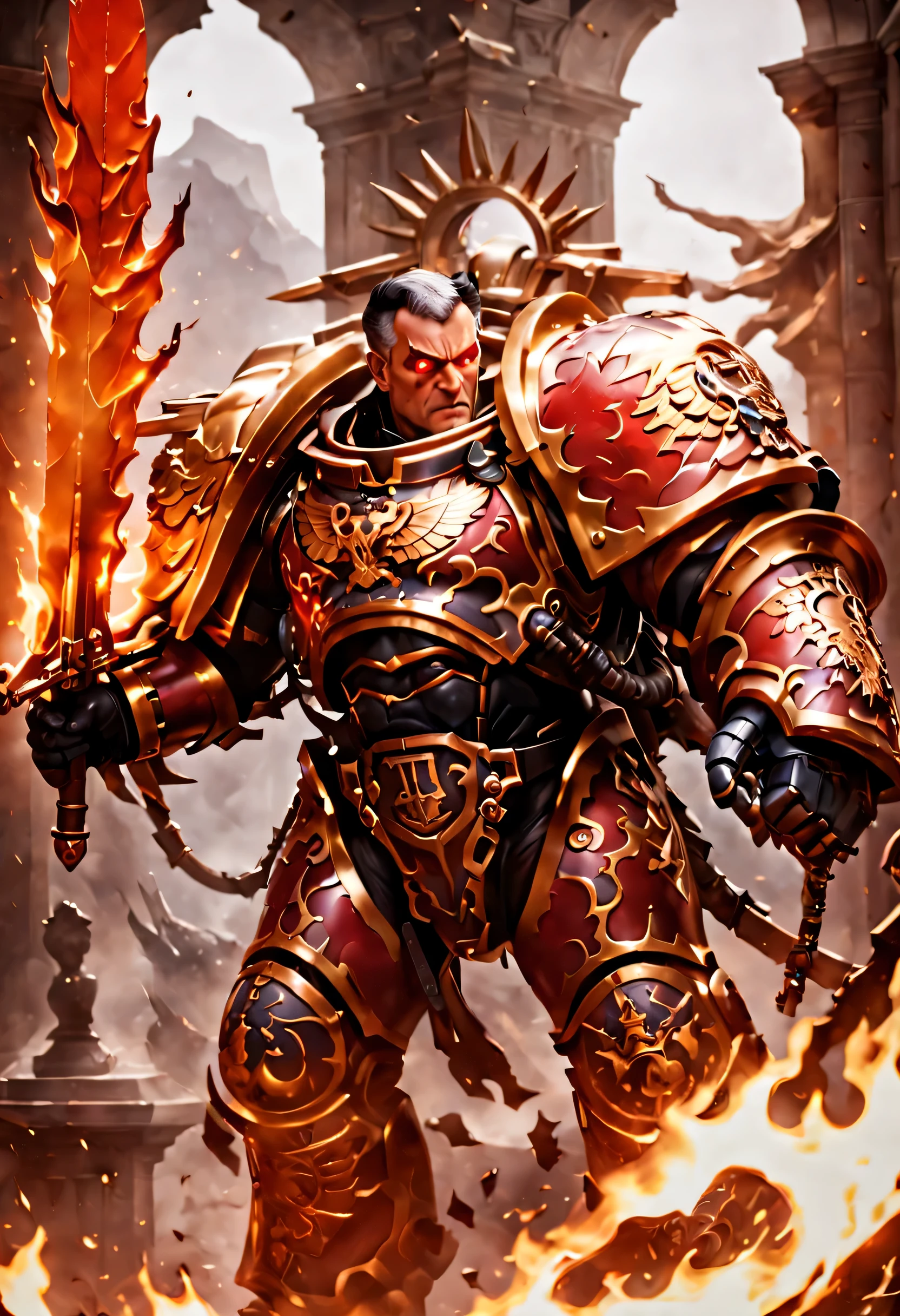 cinematic photo of a man, (wearing red knight armor:1.3),blood angels, dark bronze hair, imperial palace in the mountains, chaotic corruption, great crusade, warhammer 40k,
roboute, roboute face, wearing laurel, holding a flaming sword, double exposure art, fire, sword engulfed in flames . 35mm photograph, film, bokeh, professional, 4k, highly detailed