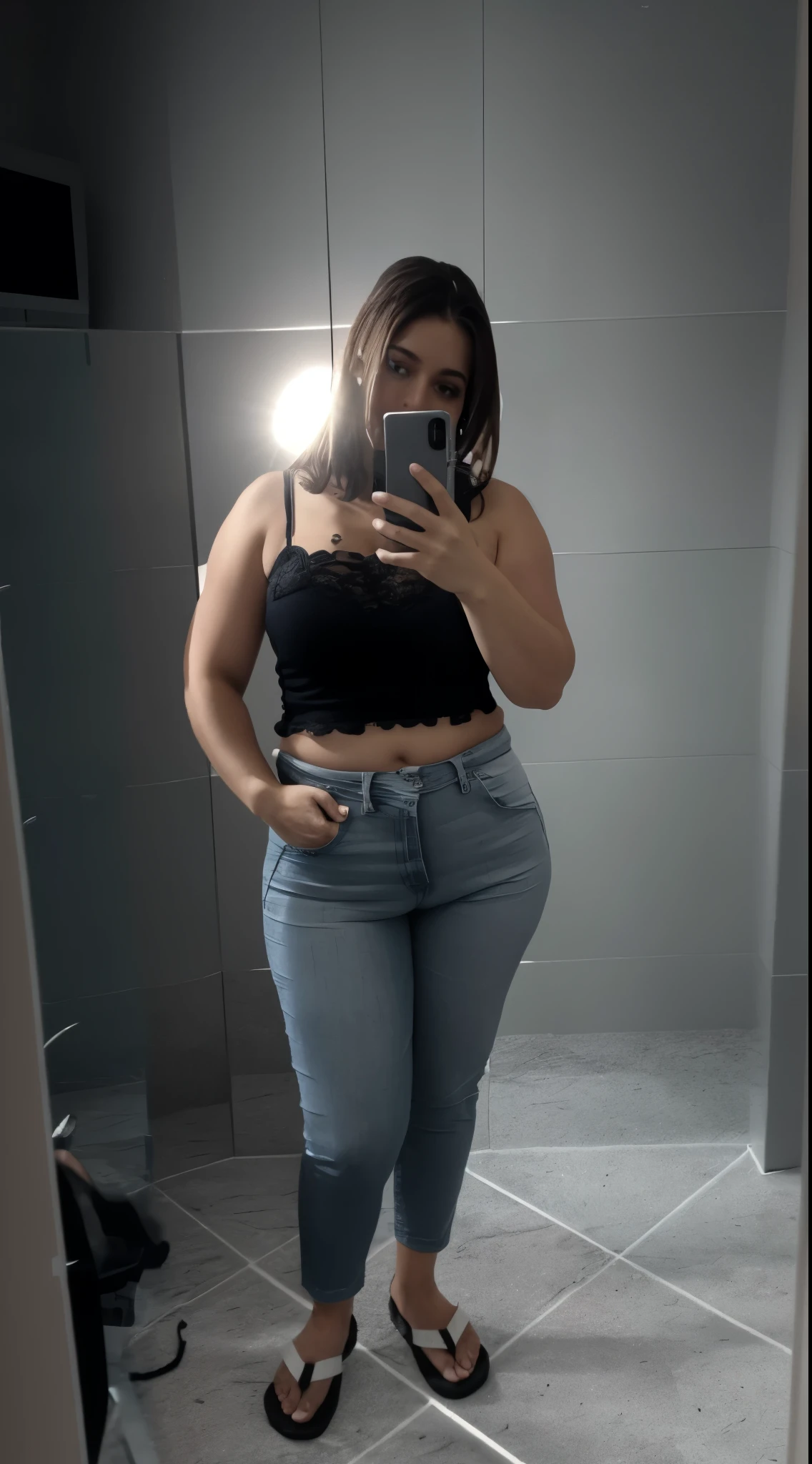 Araffe mulher tirando uma selfie em um espelho do banheiro, look sexy, ela tem uma barriga redonda e gorda, foto de corpo inteiro, grosso, low quality video, 18 anos de idade, cintura fina e quadris grossos, ela tem cerca de 20 anos, ela tem cerca de 2 0 anos, foto adequada, sexy :8, corpo sexy (cameltoe)