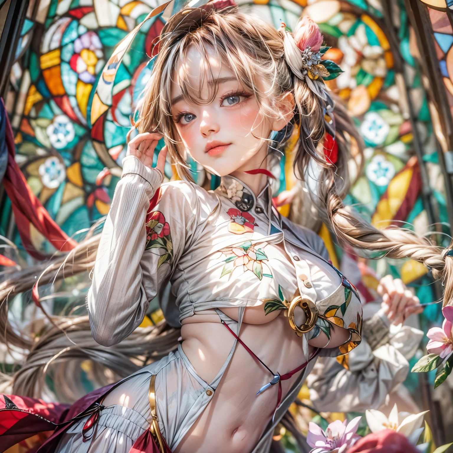 KAWAII girl in ((WHITE)) (loose opened uniform), with Glossy RED lips, (Exposed:0.9), (nipple:-1), { Extremely closeup | Dynamic-angle }, ((Dazzling stained glass Background)), (( colorful Light pours down from stunning elaborate stained glass:1.2)), vivid Red colors . ((Acutance:0.8, physically-based 3D rendering with Volumetric lighting)), (masterpiece:1.2), (ultra-detailed:1.35), (realistic, photorealistic, ((photo-realistic:1.37))with touch of rawness) . ((Renbutsu Misako)), (Extremely detailed KAWAII face variations, with Dynamic expressions), (detailed eyes with sparkling highlights), captivating gaze, long eyelashes, subtle blush on the face, rosy cheeks, impeccable ivory skin texture . { full of flowers covering girl's body | Mystic sight | God rays | haze | Light Particle | Luminous Particle | Lens Flare | A Halo in the air | Overflowing underboob | Button Undoned } . (((Unaligned fingers:-0.9))) .
