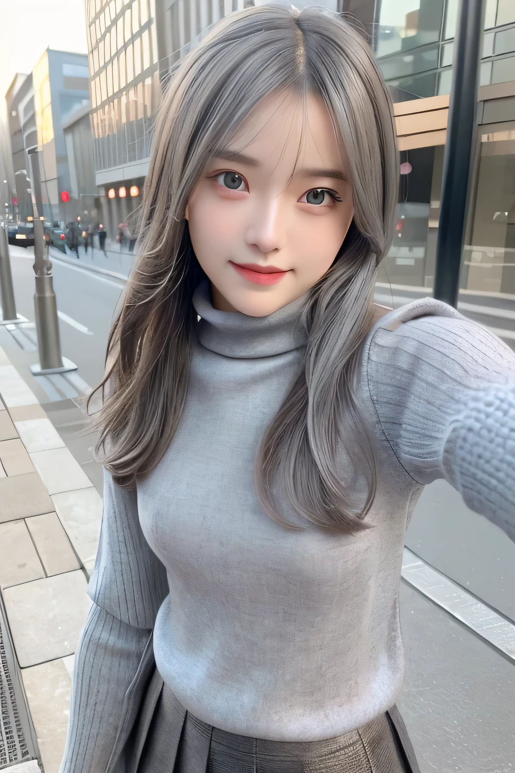 pieces fly、masterpiece、highest quality、Super detailed、High resolution、High resolution、8K portrait、unity 8k wallpaper、Detailed CG、unity 8k wallpaper、Detailed CGユニティ8kの壁紙、realistic、real person、portrait photography、shiny skin、()、(cute:1.2)、High resolution、beautiful clear eyes、very detailed explanation、delicate face、nice lips、thin waist、thin legs、1 girl、(Gray turtleneck knit sweater:1.2)、(pleated skirt:1.2)、(flat chest:1.4)、((Self snap:1.4))、(smile:1.2)、(Walking trail:1.2)