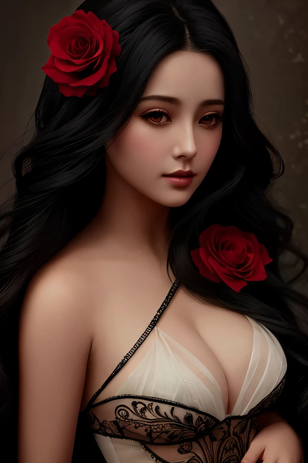 pintura de uma mulher com um vestido rodeado de rosas, pintura digital sensual, she is the queen of black roses, sensual expression, 🌺 sociedade cg, deusa feminina de pele escura do amor, linda mulher, senhora sedutora, Charlie Bowater cores ricas e profundas, deviantart artstation cgscosiety, artgasmo, estilo de charlie bowater, arte digital de um elegante