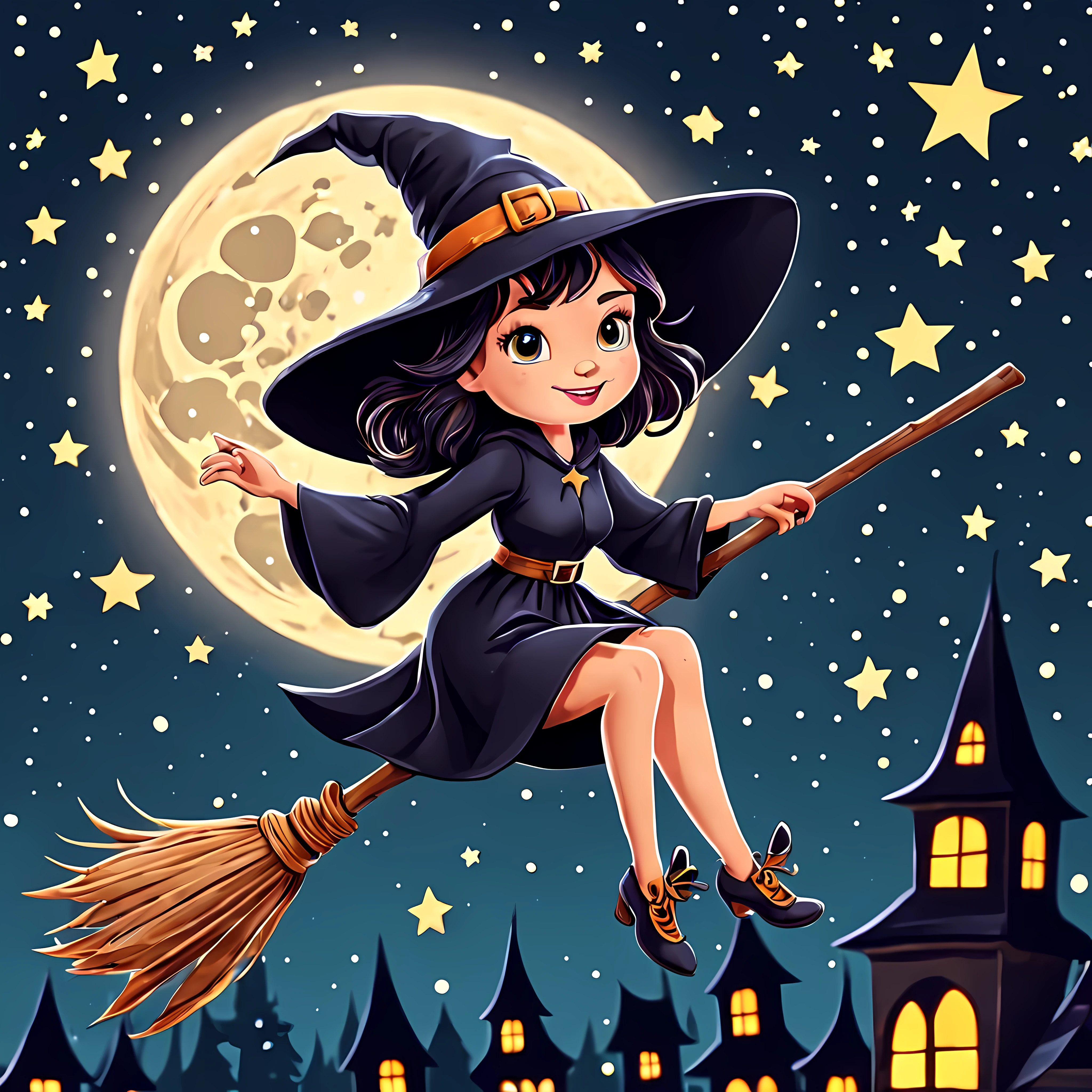 (Cute cartoon style:1.4), masterpiece in maximum 16K resolution, a pretty witch on unique broomsticks racing through a night sky with shimmering stars. | ((More_Detail))