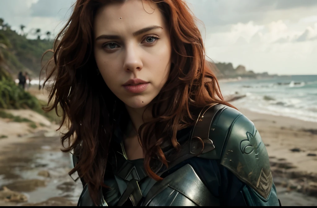 imagine scarlett johansson, curly red hair, green eyes, wonder women suit, at the edge of the beach, looking up, serious look, hands on waist, photorealistic portrait, overcast, dramatic, cinematic, 4k resolution, hyperdetailed