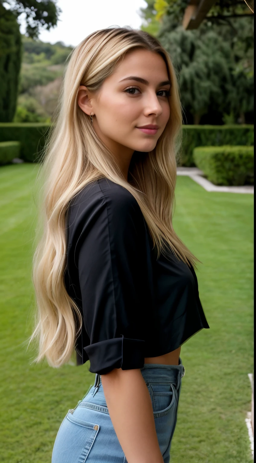 A 23-year-old blonde woman, ((pechos grandes)), ((hiperrealismo)) ,. blonde hair with light brown roots. cabello rubio, Hair with brown roots, cabello extra largo, cabello muy largo, really long hair, Beautiful, Front view, selfie, photo taken with iPhone, elegant black shirt with escote, escotada, selfie in the garden, high quality, selfie iPhone, cleavage