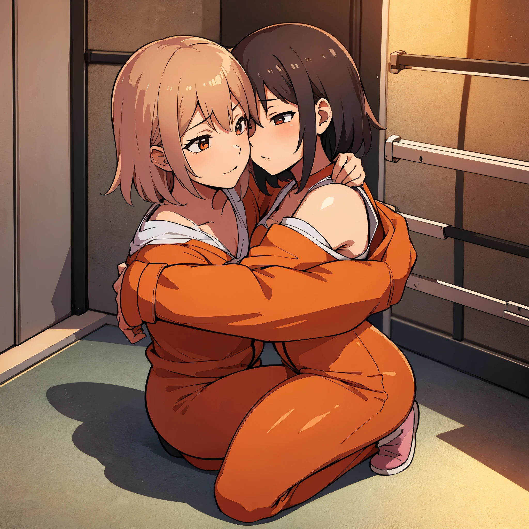 Anime illustration of two girls in a prison cell. They are dressed in orange prisoner jumpsuits and are hugging and kissing. 