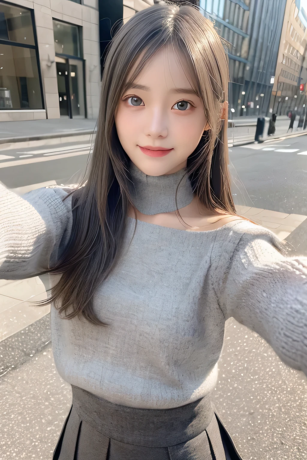 pieces fly、masterpiece、highest quality、Super detailed、High resolution、High resolution、8K portrait、unity 8k wallpaper、Detailed CG、unity 8k wallpaper、Detailed CGユニティ8kの壁紙、realistic、real person、portrait photography、shiny skin、(16 years old)、(cute:1.2)、High resolution、beautiful clear eyes、very detailed explanation、delicate face、nice lips、thin waist、thin legs、1 girl、(Gray turtleneck knit sweater:1.2)、(pleated skirt:1.2)、(flat chest:1.4)、((Self snap:1.4))、(smile:1.2)、(Walking trail:1.2)