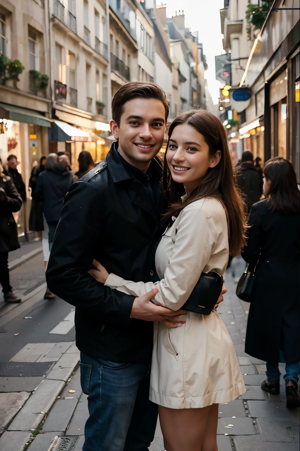 Style of Photo: Candid Street Photography
Subjectrench couple in their early 30s
Important Feature: Realistic and unexpected expressions
More Details: Dressed casually in Parisian street fashion
Pose or Action: Capturing a spontaneous moment, like a sudden embrace or a burst of laughter
Framing: Quick and unexpected shots, focusing on genuine reactions
Setting/Background: Bustling Parisian street or a charming alley
Lighting: Natural ambient light, emphasizing the unpredictability of the moment
Camera Angle: Varied angles to capture the unexpectedness of the scene
Camera: iPhone 13
Camera Properties: High-quality smartphone camera for quick and spontaneous captures