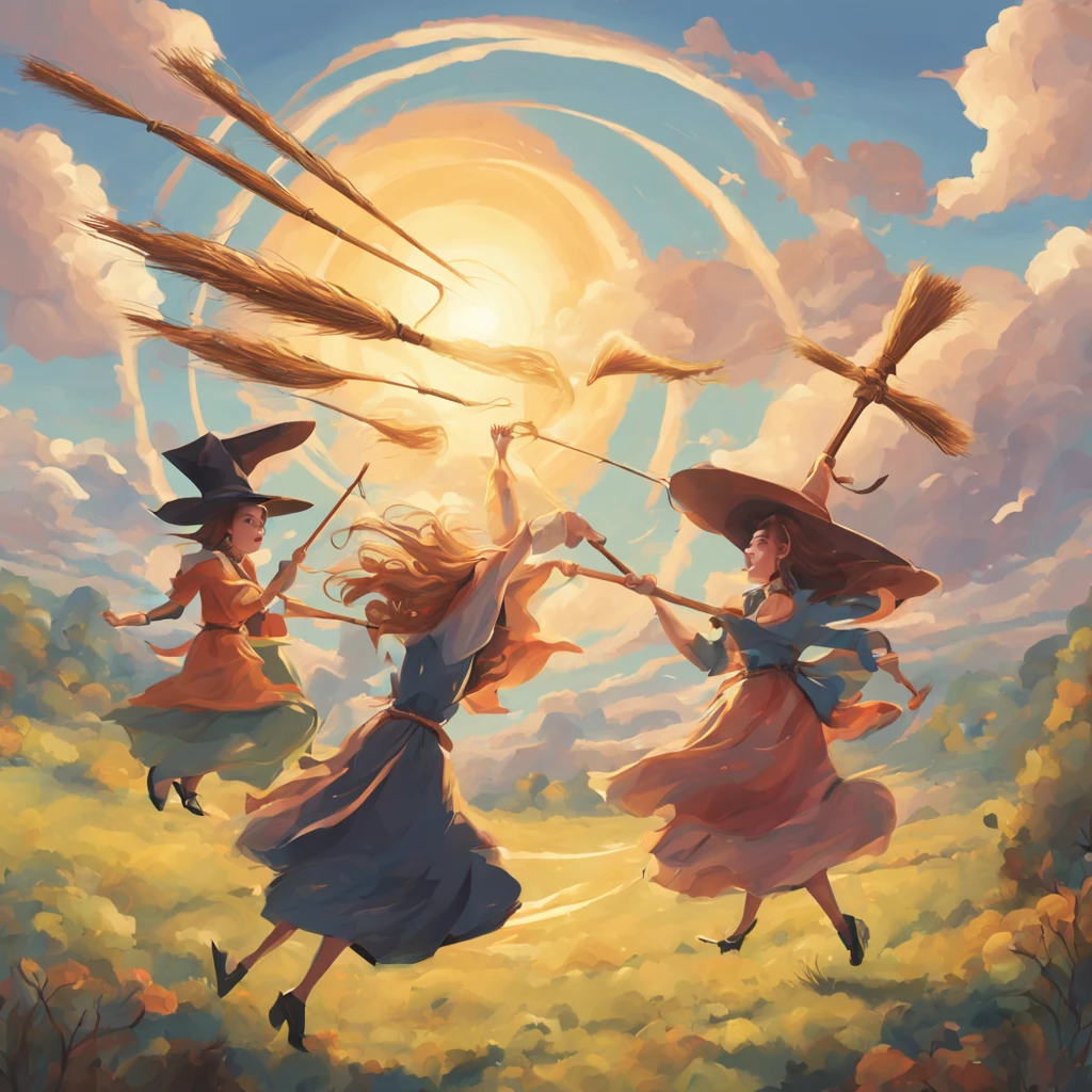 best quality, five witch's flying race, brooms, magic, huge magic circle, early afternoon, clear sky, sun, sunshine, clouds, (wind:1.1)
