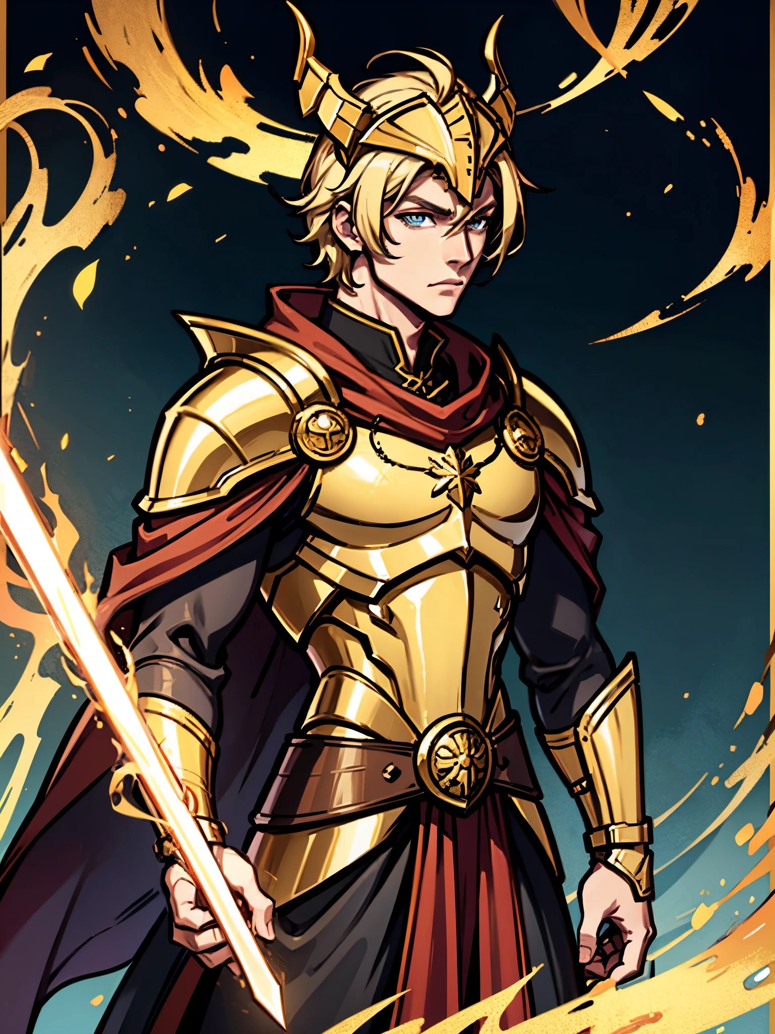 male warrior,Golden Dragon Armor,blonde,Golden Dragon Helmet,cloak,stand,Handsome,holding sword