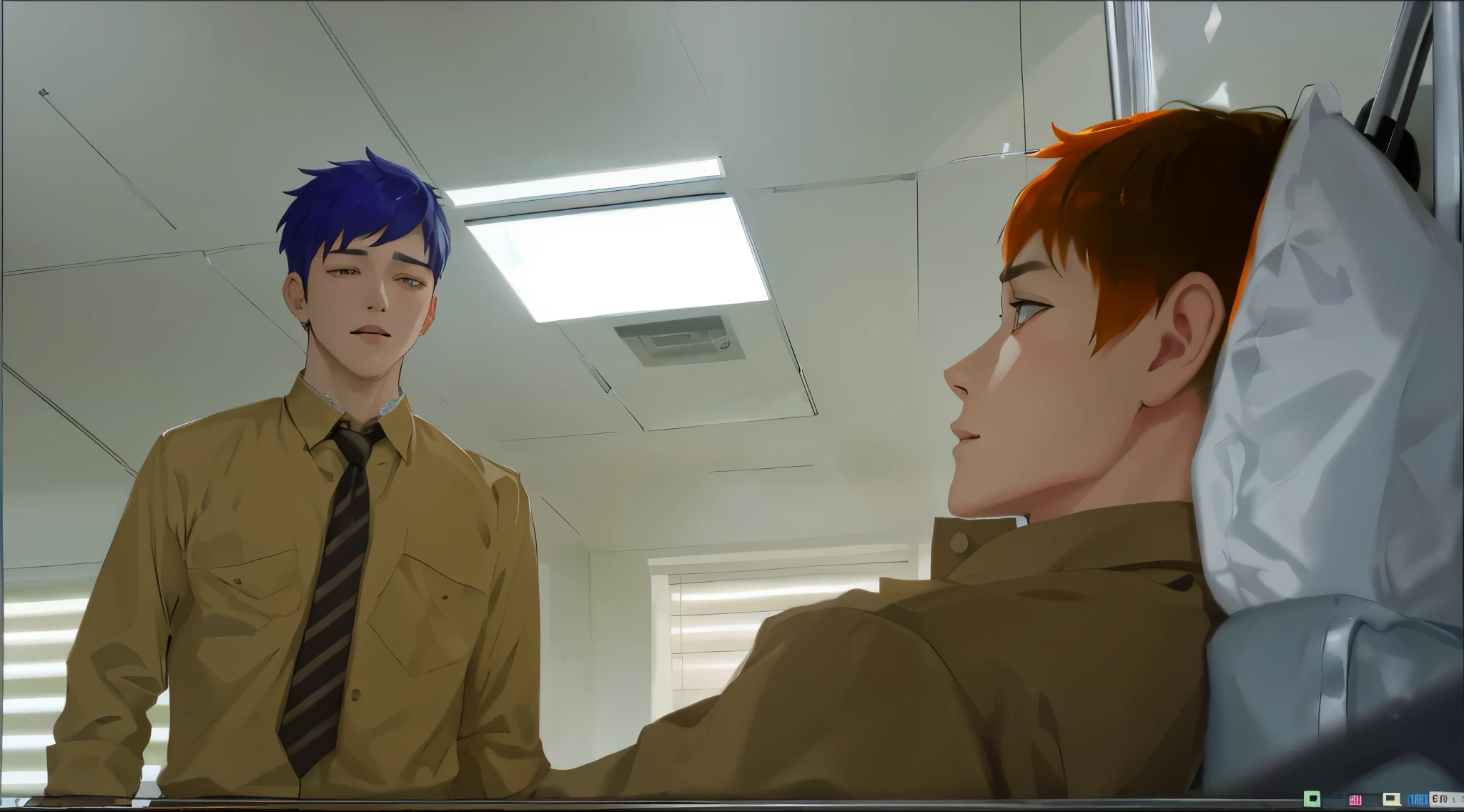 There are 2 cute big-eyed boys, one is sick on a stretcher and the other looks at him lovingly, one has gray hair and the other has orange hair.