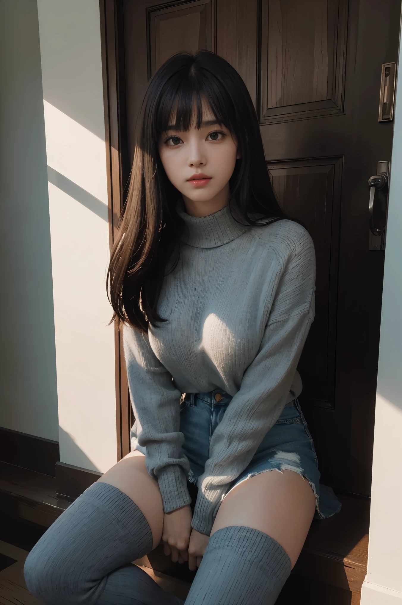 ((realistic lighting, highest quality, 8K, masterpiece, medium shot: 1.3)), clear focus: 1.2, 1 girl, perfect figure: 1.4, ((dark brown hair)),((With bangs)),(sit on a step:1.2),(Miniskirt in denim material :1.2),( dim gray knee high socks:1.3),(Part of the thigh is visible),(The girl pointed out thick heels :1.1)，(accurate and perfect face:1.3),hyper hd, ray tracing, reflected light， structurally correct, high detail, Brighten the contrast of shadows, face lighting ，cinematic lighting, masterpiece, スーパーディティール highest quality, 16k，high contrast,

