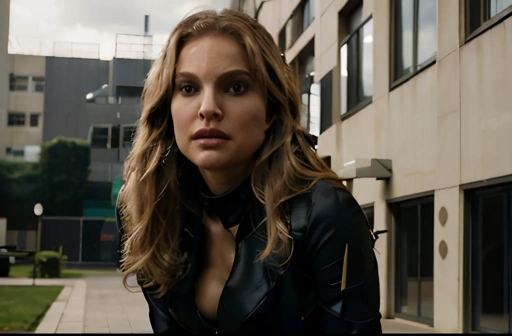 full body shot of natalie portman, long curvy blonde hair, black canary hero suit, posing front a building, looking up, serious look, photorealistic portrait, dramatic, overcast, cinematic, 4k resolution, hyperdetailed