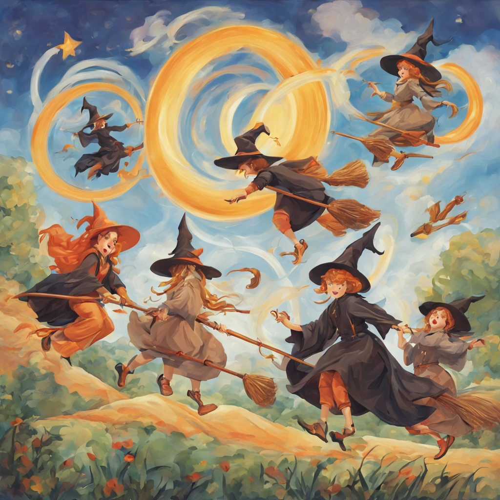 best quality, (five witch's flying race:1.4), brooms, magic, huge magic circle, early afternoon, clear sky, sun, sunshine, clouds, (wind:1.1)