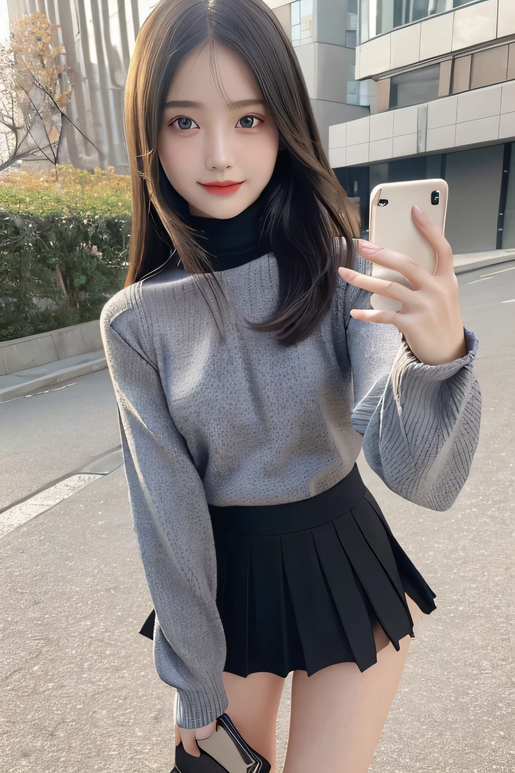 pieces fly、masterpiece、highest quality、Super detailed、High resolution、High resolution、8K portrait、unity 8k wallpaper、Detailed CG、unity 8k wallpaper、Detailed CGユニティ8kの壁紙、realistic、real person、portrait photography、shiny skin、(16 years old)、(cute:1.2)、High resolution、beautiful clear eyes、very detailed explanation、delicate face、nice lips、thin waist、thin legs、1 girl、(Black Turtleneck Knit Sweater:1.2)、(pleated skirt:1.2)、(flat chest:1.4)、((Self snap:1.4))、(smile:1.2)、(Walking trail:1.2)