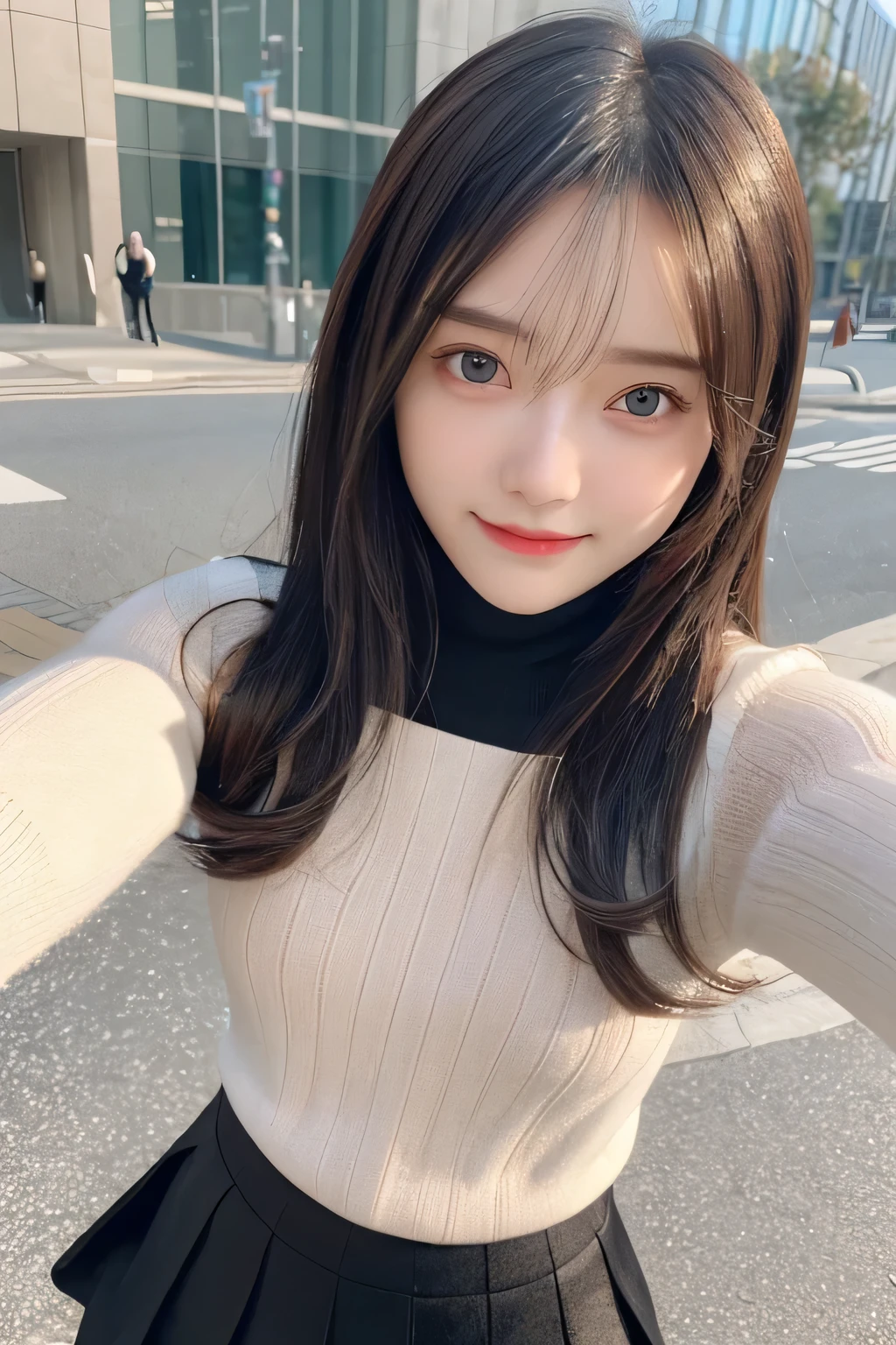 pieces fly、masterpiece、highest quality、Super detailed、High resolution、High resolution、8K portrait、unity 8k wallpaper、Detailed CG、unity 8k wallpaper、Detailed CGユニティ8kの壁紙、realistic、real person、portrait photography、shiny skin、()、(cute:1.2)、High resolution、beautiful clear eyes、very detailed explanation、delicate face、nice lips、thin waist、thin legs、1 girl、(Black Turtleneck Knit Sweater:1.2)、(pleated skirt:1.2)、(flat chest:1.4)、((Self snap:1.4))、(smile:1.2)、(Walking trail:1.2)